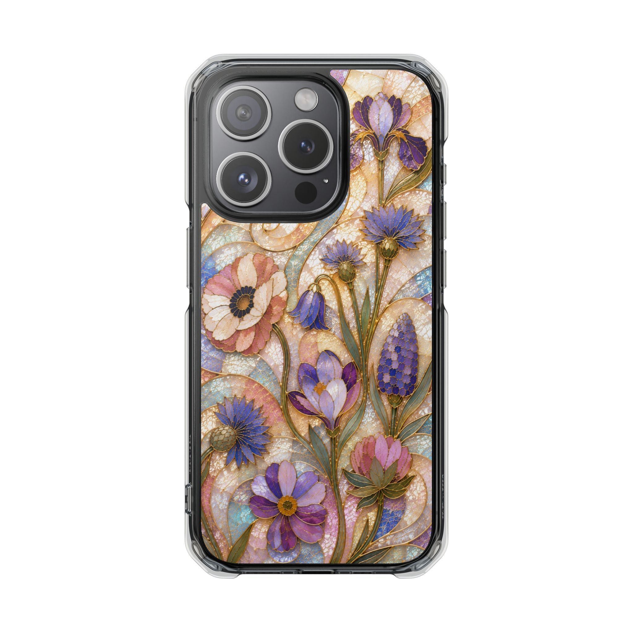Floral Stained Glass Clear Magnetic Phone Case — Purple Wildflower Design