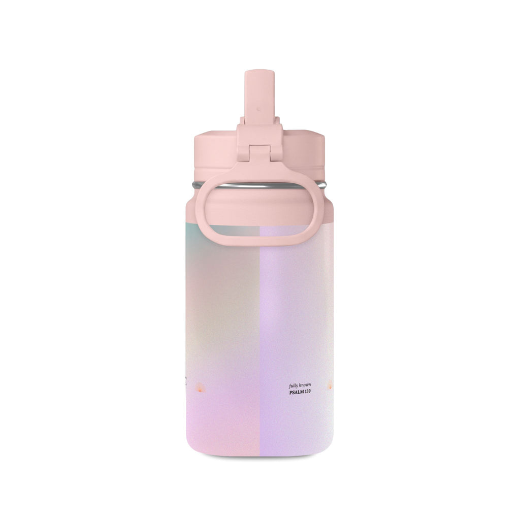 Fully Known Psalm 139 Water Bottle with Straw, 14 oz Pink Blue Ombre Reusable Bottle, Faith Gift for Girls