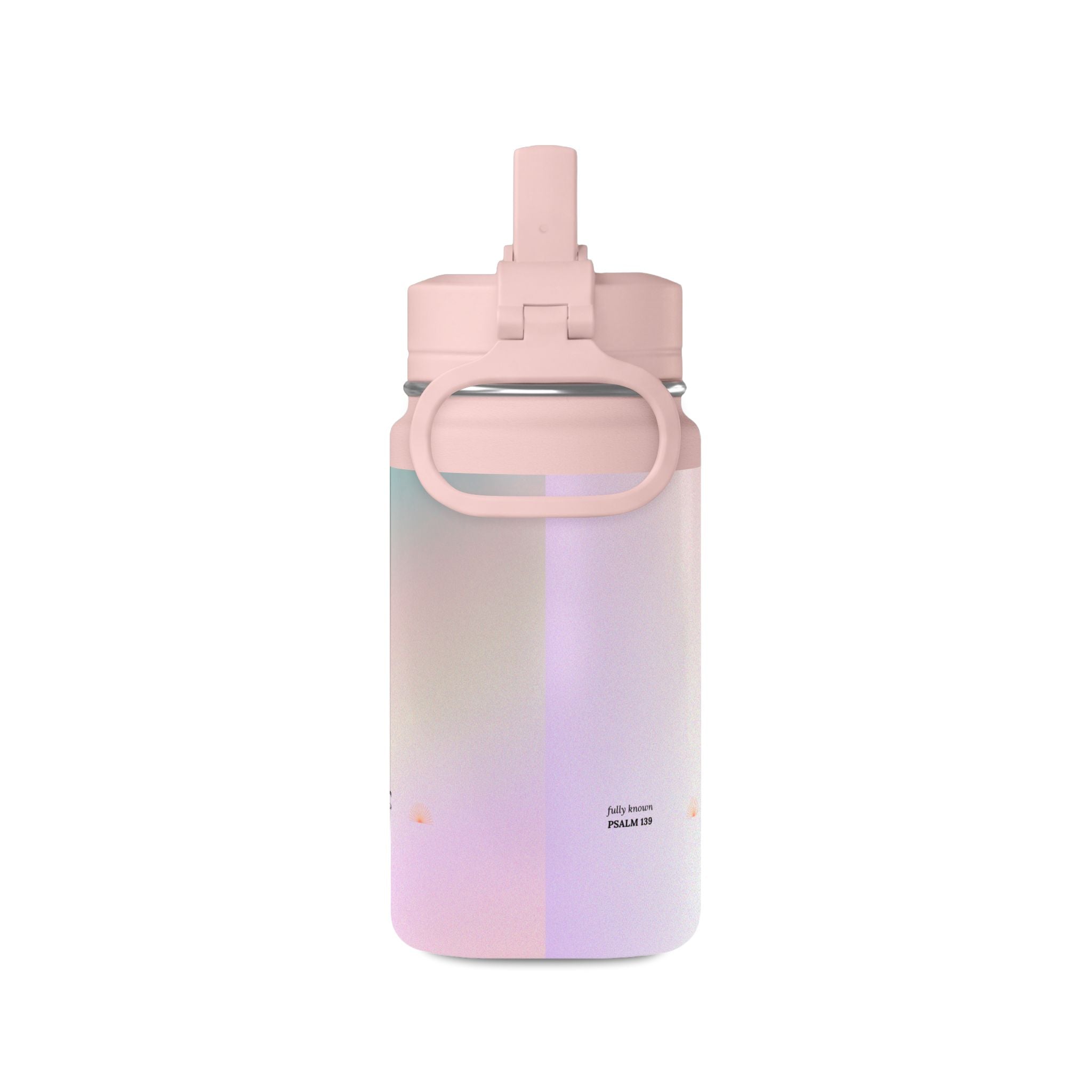 Fully Known Psalm 139 Water Bottle with Straw, 14 oz Pink Blue Ombre Reusable Bottle, Faith Gift for Girls