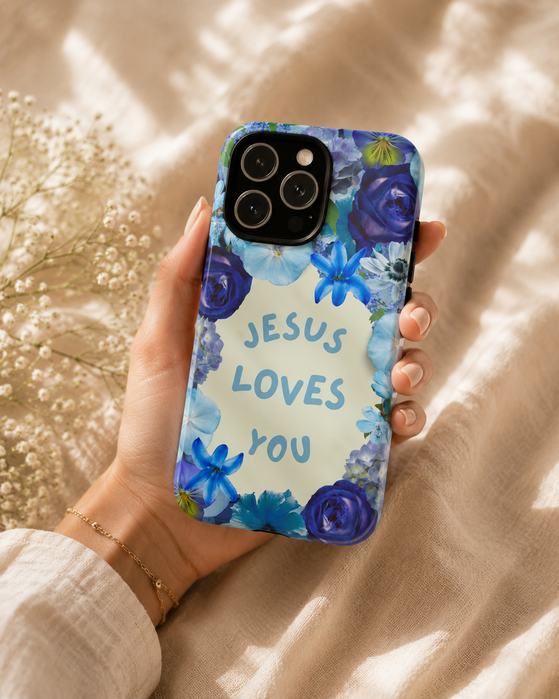 Jesus Loves You Phone Case | Christian Phone Case | Blue Floral iPhone Case | Bible Study Gift | College Student | Back to School