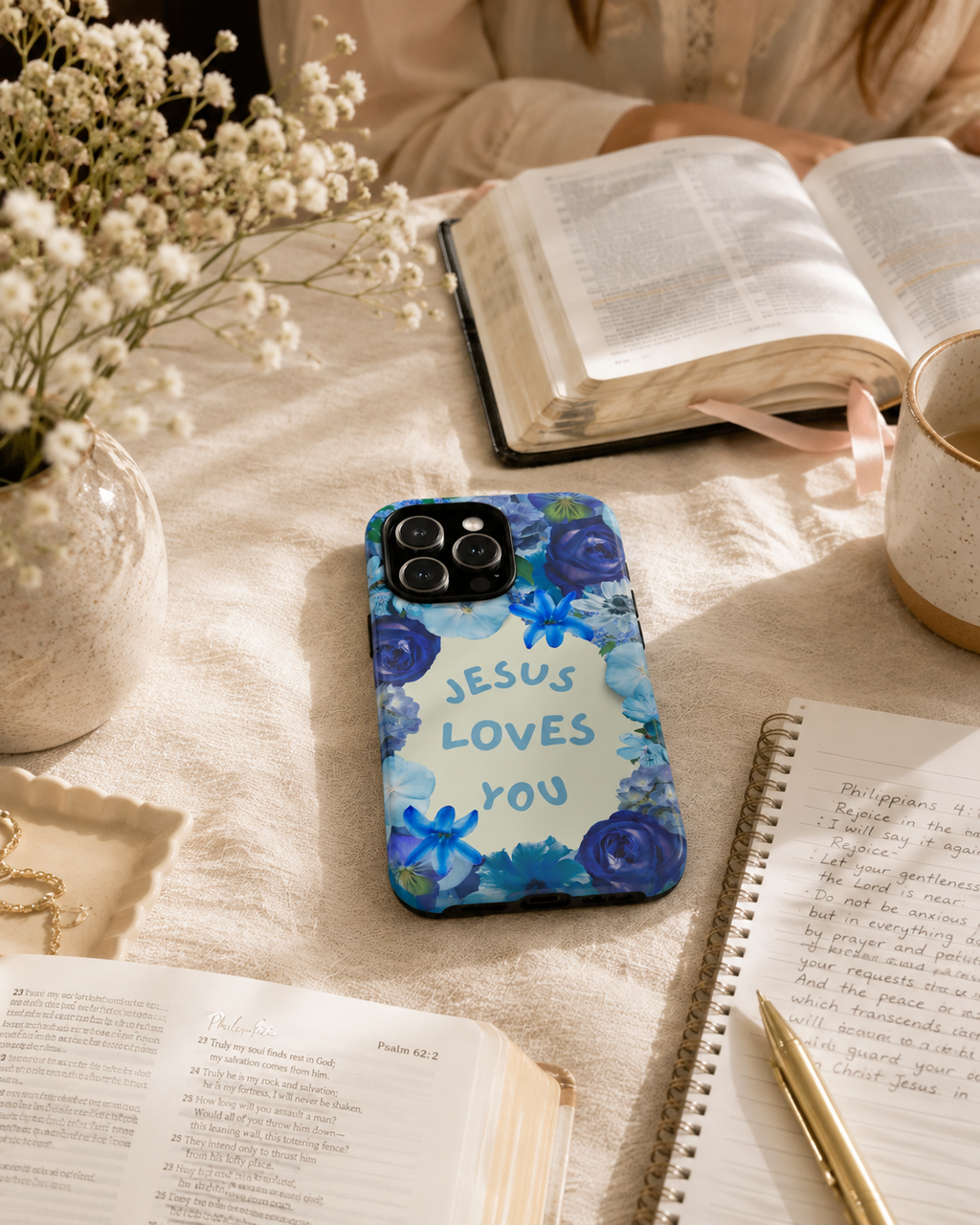 Jesus Loves You Phone Case | Christian Phone Case | Blue Floral iPhone Case | Bible Study Gift | College Student | Back to School