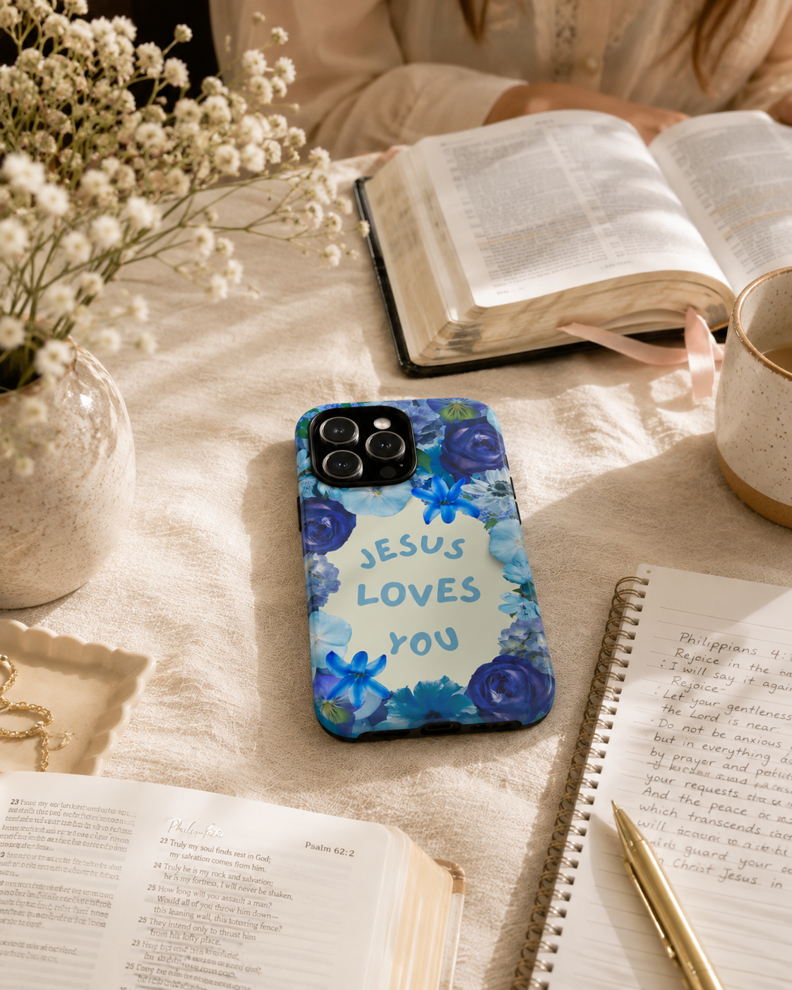 Jesus Loves You Phone Case | Christian Phone Case | Blue Floral iPhone Case | Bible Study Gift | College Student | Back to School