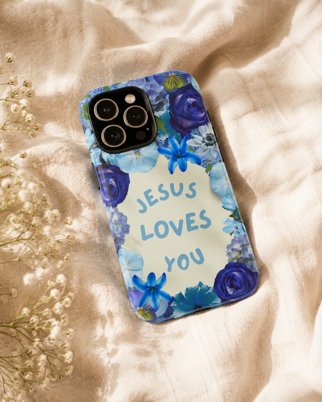 Jesus Loves You Phone Case | Christian Phone Case | Blue Floral iPhone Case | Bible Study Gift | College Student | Back to School