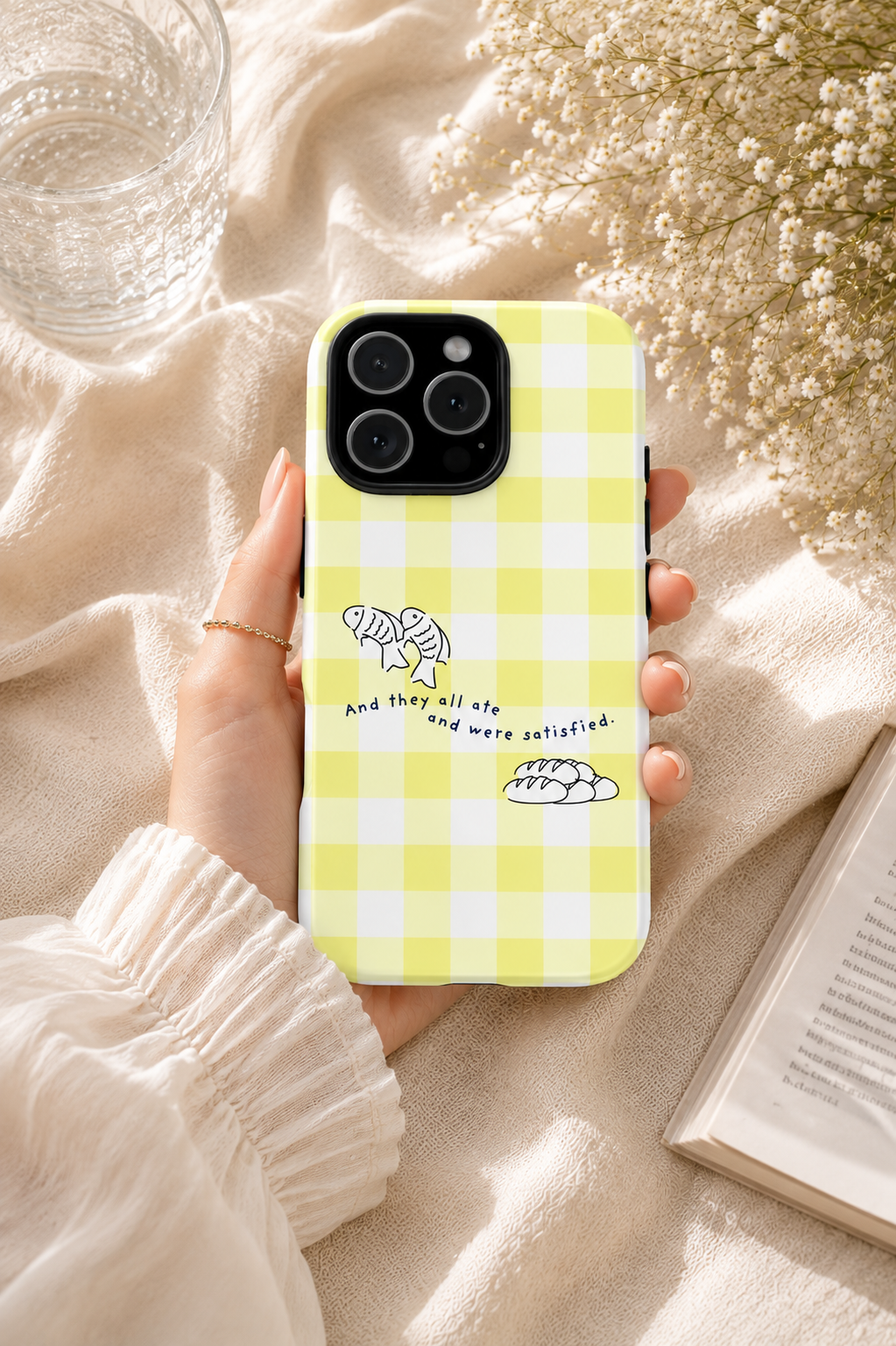 Christian Phone Case | Matthew 14:20 Fish & Loaves iPhone Case | Bible Verse Phone Cover | Faith Gift for Women | Yellow Gingham