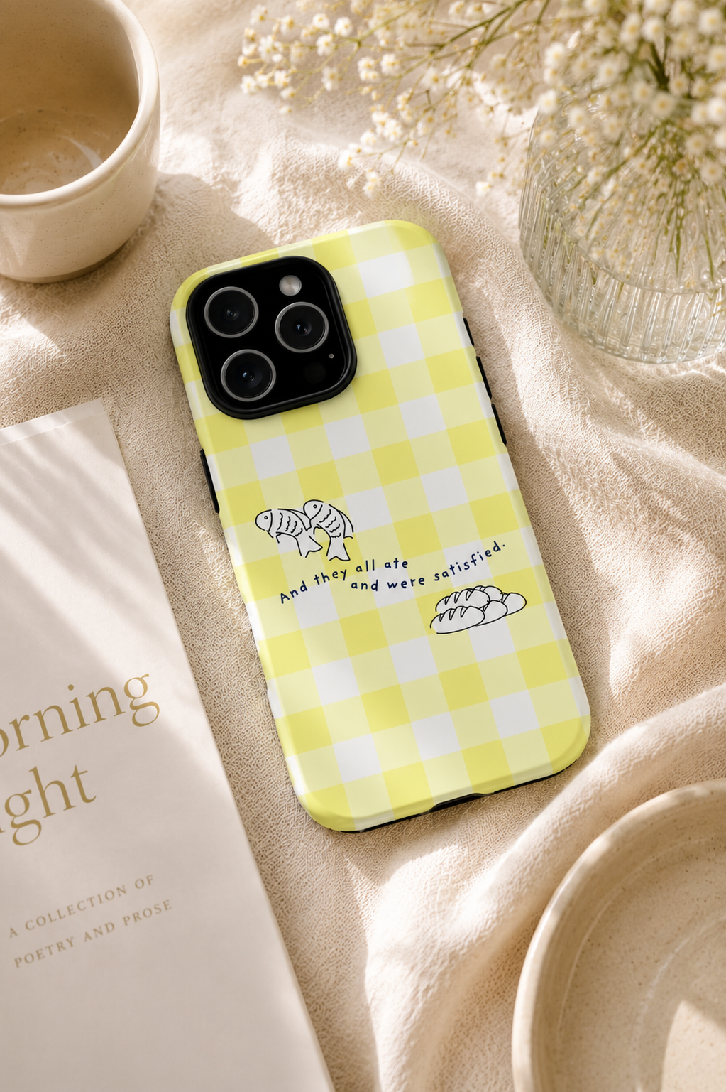Christian Phone Case | Matthew 14:20 Fish & Loaves iPhone Case | Bible Verse Phone Cover | Faith Gift for Women | Yellow Gingham