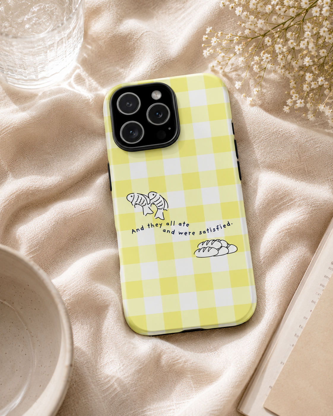 Christian Phone Case | Matthew 14:20 Fish & Loaves iPhone Case | Bible Verse Phone Cover | Faith Gift for Women | Yellow Gingham