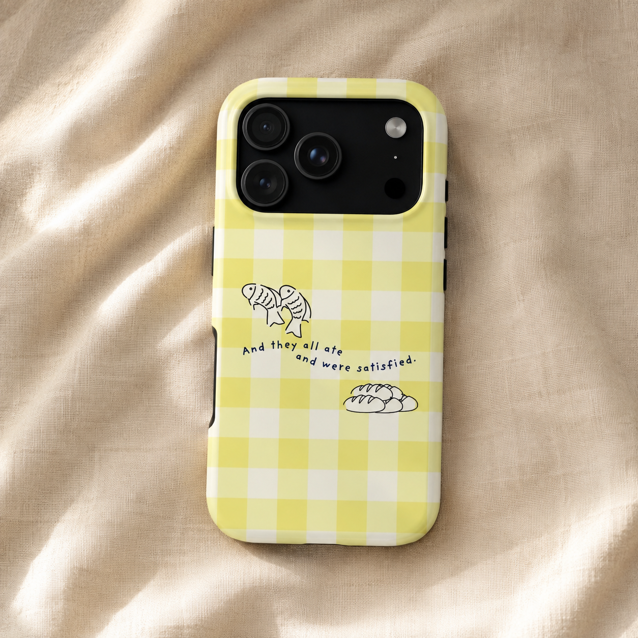 Christian Phone Case | Matthew 14:20 Fish & Loaves iPhone Case | Bible Verse Phone Cover | Faith Gift for Women | Yellow Gingham