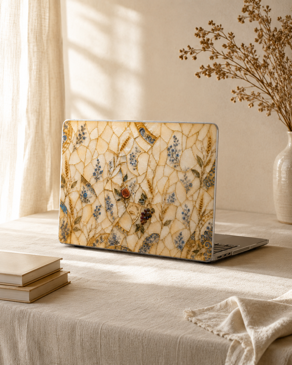A laptop with a cream-colored protective skin featuring a detailed botanical and bird pattern, resting on a beige tablecloth in a sunlit room.