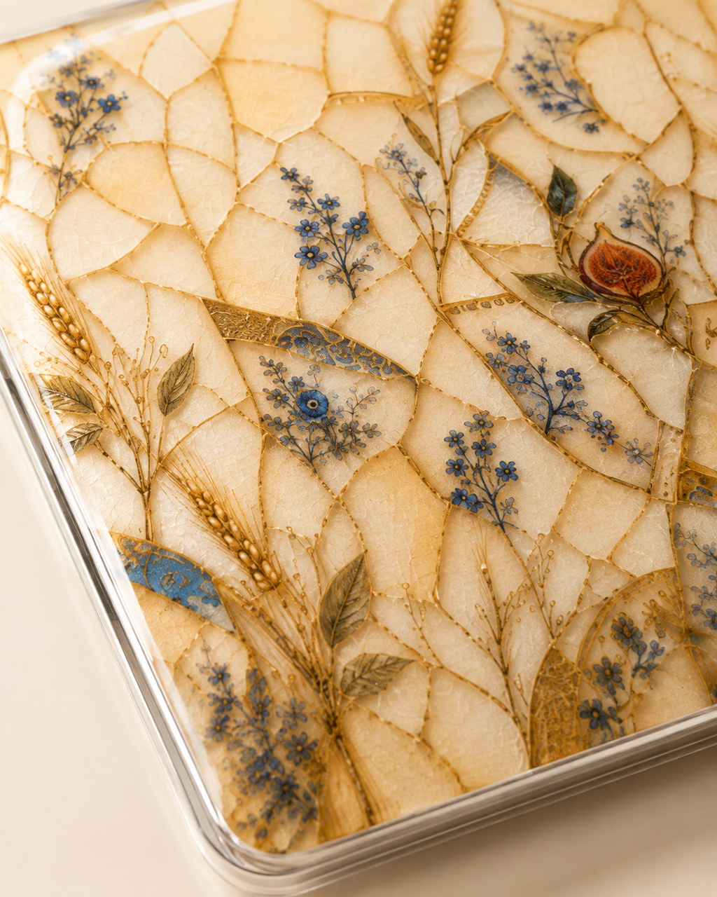 A close-up of a rectangular hard case with a decorative mosaic pattern featuring cream-colored segments, gold leaf details, dried wheat stalks, blue flowers, and a small orange-brown rose.