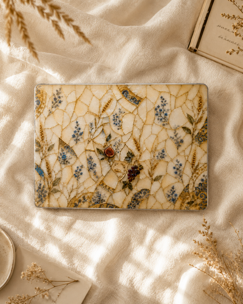 A rectangular decorative box with rounded corners, featuring an intricate mosaic-style floral and vine pattern in cream, gold, blue, and green, styled on draped cream fabric with dried botanicals and an open book.