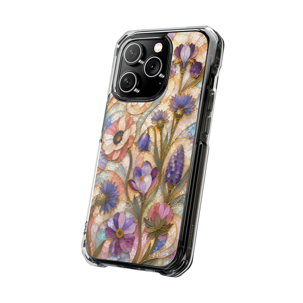 Floral Stained Glass Clear Magnetic Phone Case — Purple Wildflower Design