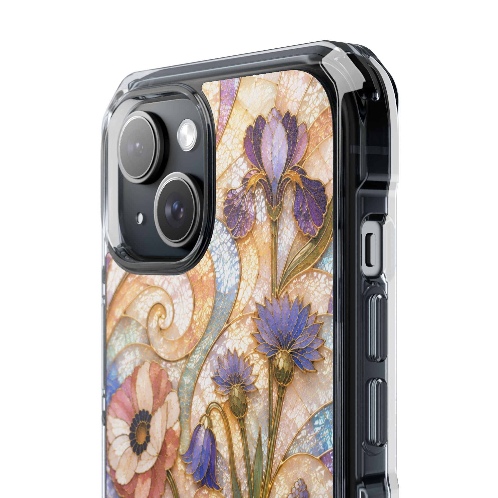 Floral Stained Glass Clear Magnetic Phone Case — Purple Wildflower Design