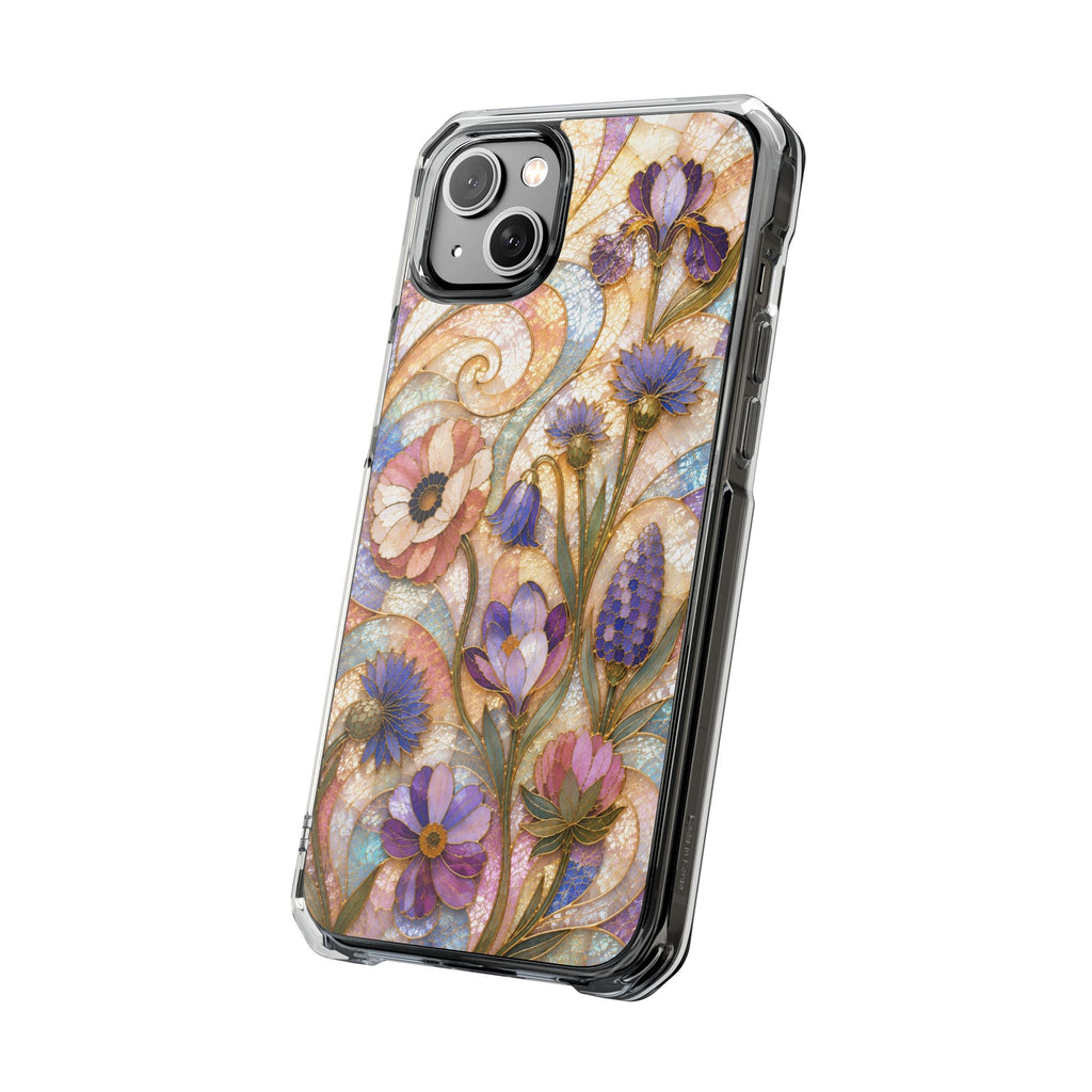 Floral Stained Glass Clear Magnetic Phone Case — Purple Wildflower Design