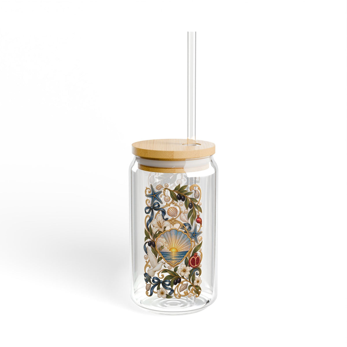 He Calms the Waves 16 oz Glass Tumbler with Bamboo Lid & Straw | Christian Iced Coffee & Matcha Cup