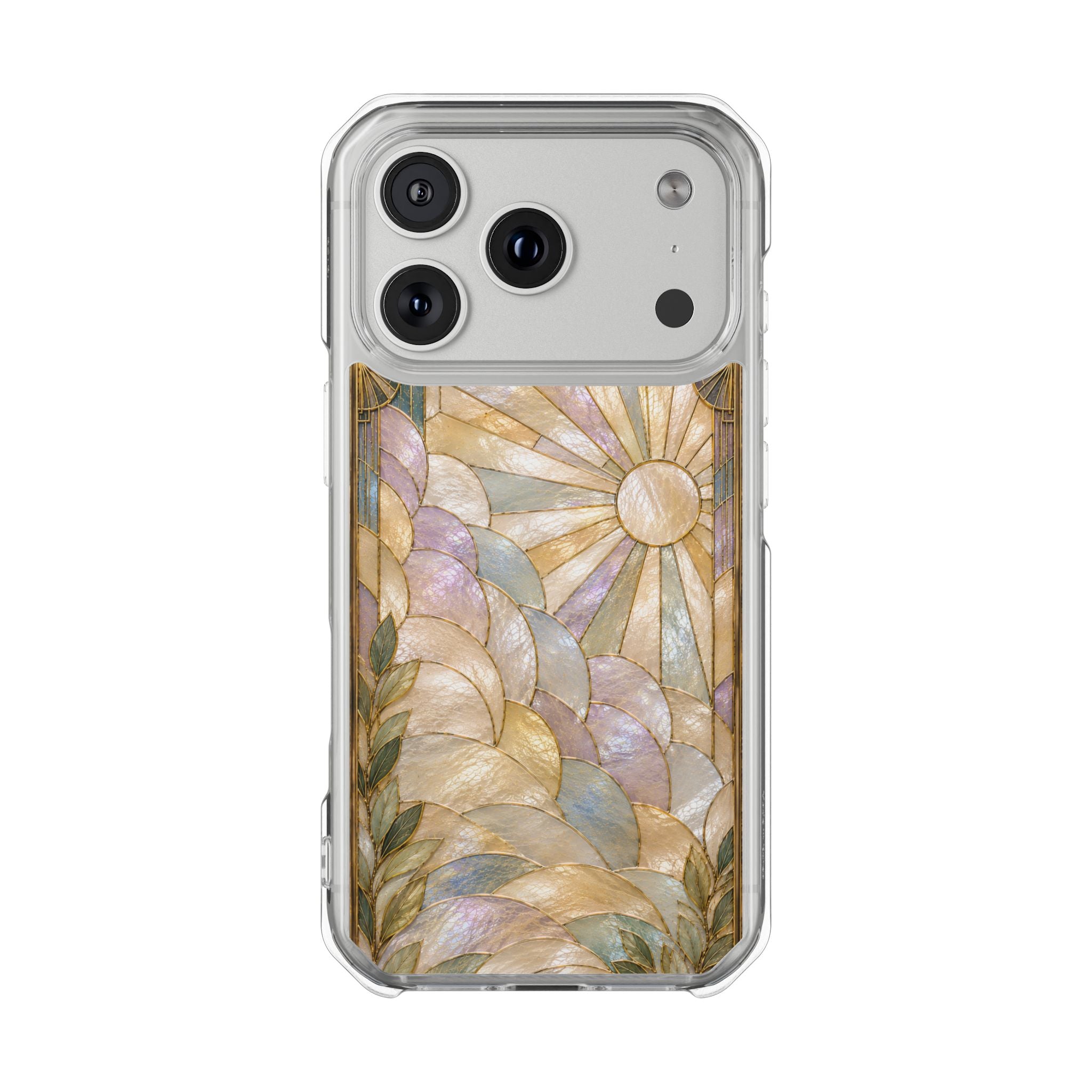 Clear MagSafe Phone Case — Pastel Stained-Glass Sun & Leaves