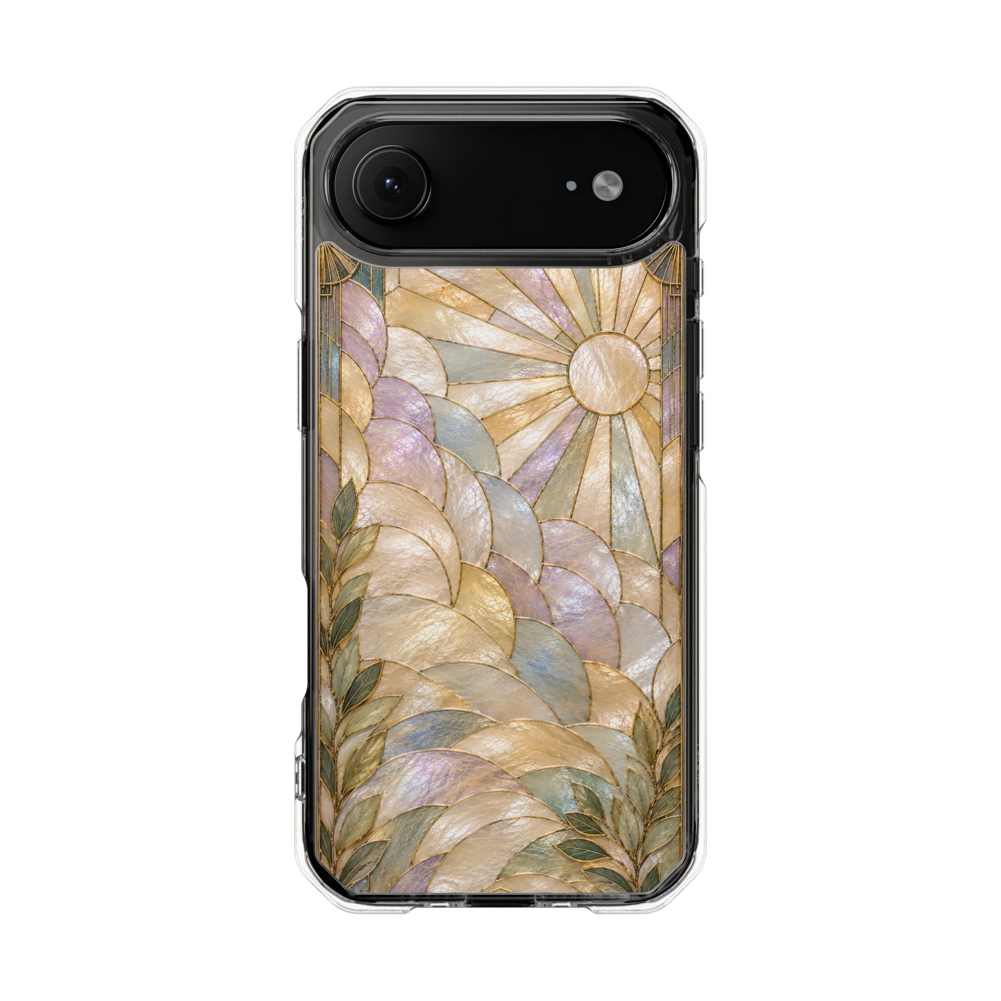 Clear MagSafe Phone Case — Pastel Stained-Glass Sun & Leaves