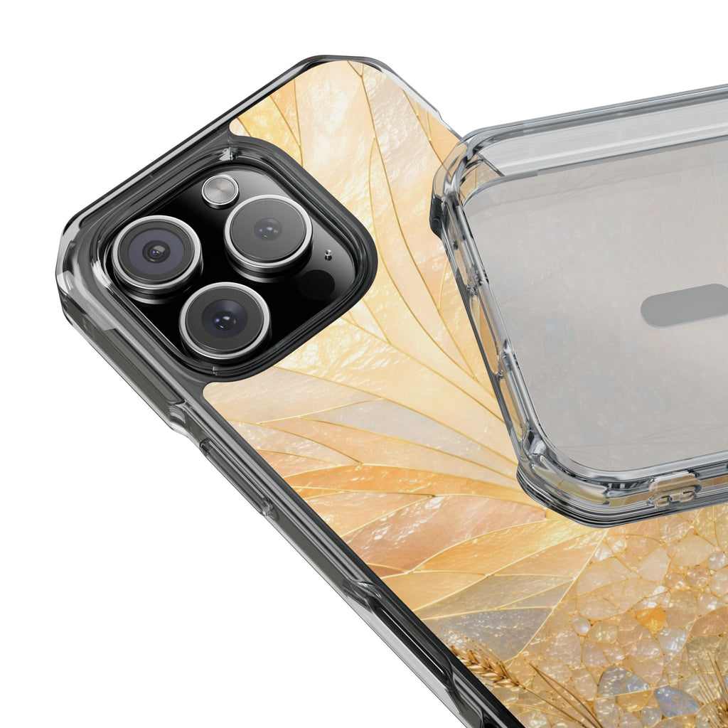 Clear Magnetic Phone Case — Golden Pearl Floral Design, Impact-Resistant iPhone Cover