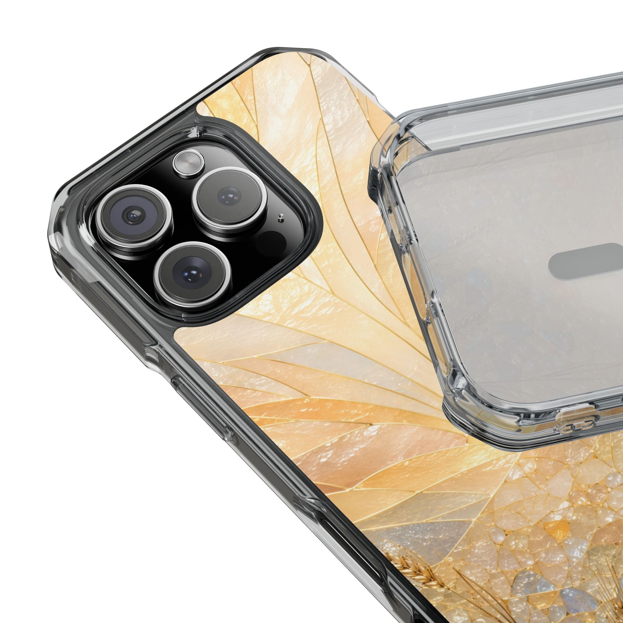 Clear Magnetic Phone Case — Golden Pearl Floral Design, Impact-Resistant iPhone Cover