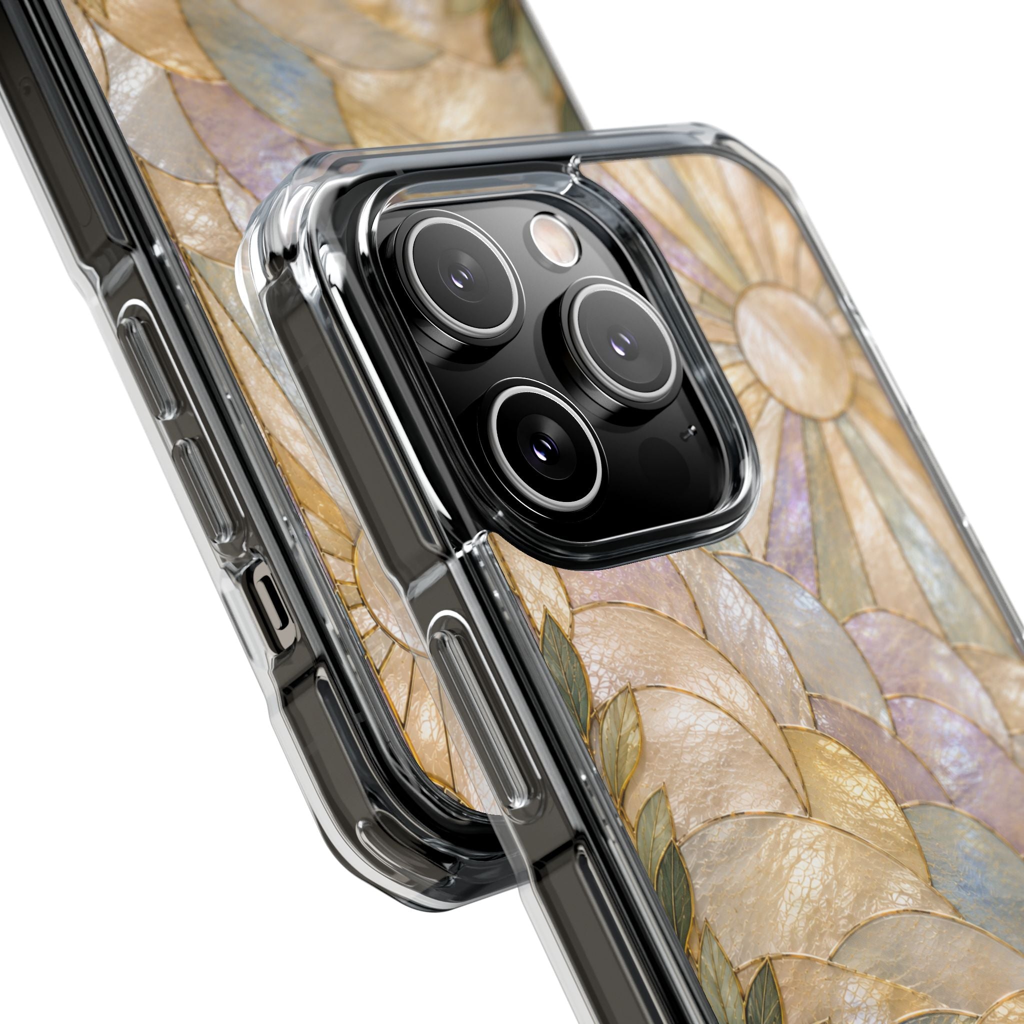 Clear MagSafe Phone Case — Pastel Stained-Glass Sun & Leaves