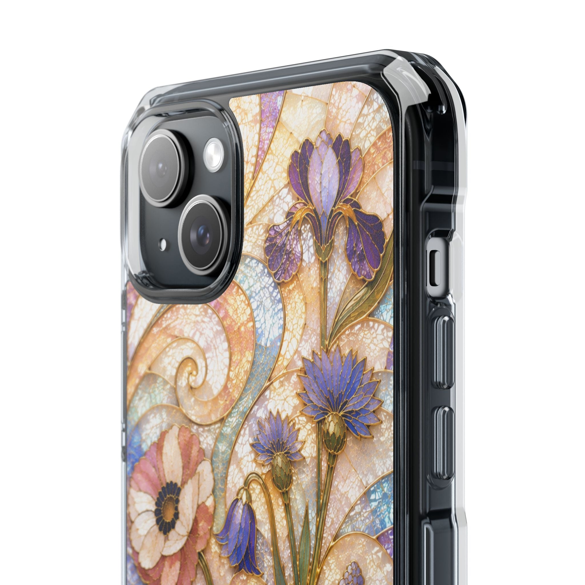Floral Stained Glass Clear Magnetic Phone Case — Purple Wildflower Design