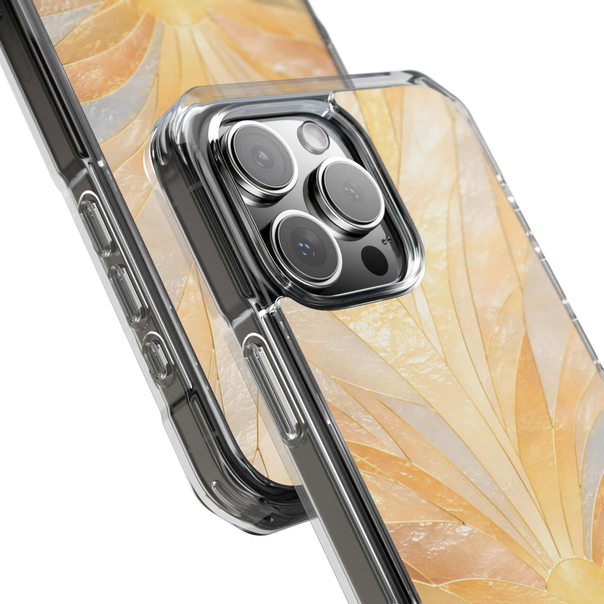 Clear Magnetic Phone Case — Golden Pearl Floral Design, Impact-Resistant iPhone Cover