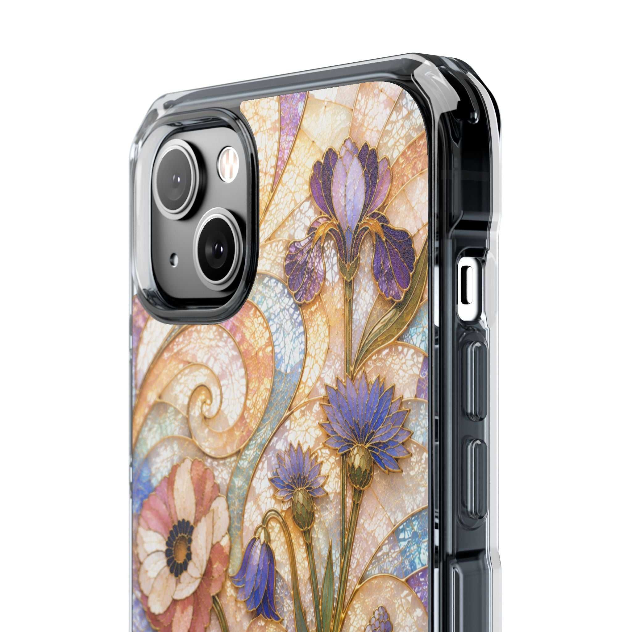 Floral Stained Glass Clear Magnetic Phone Case — Purple Wildflower Design
