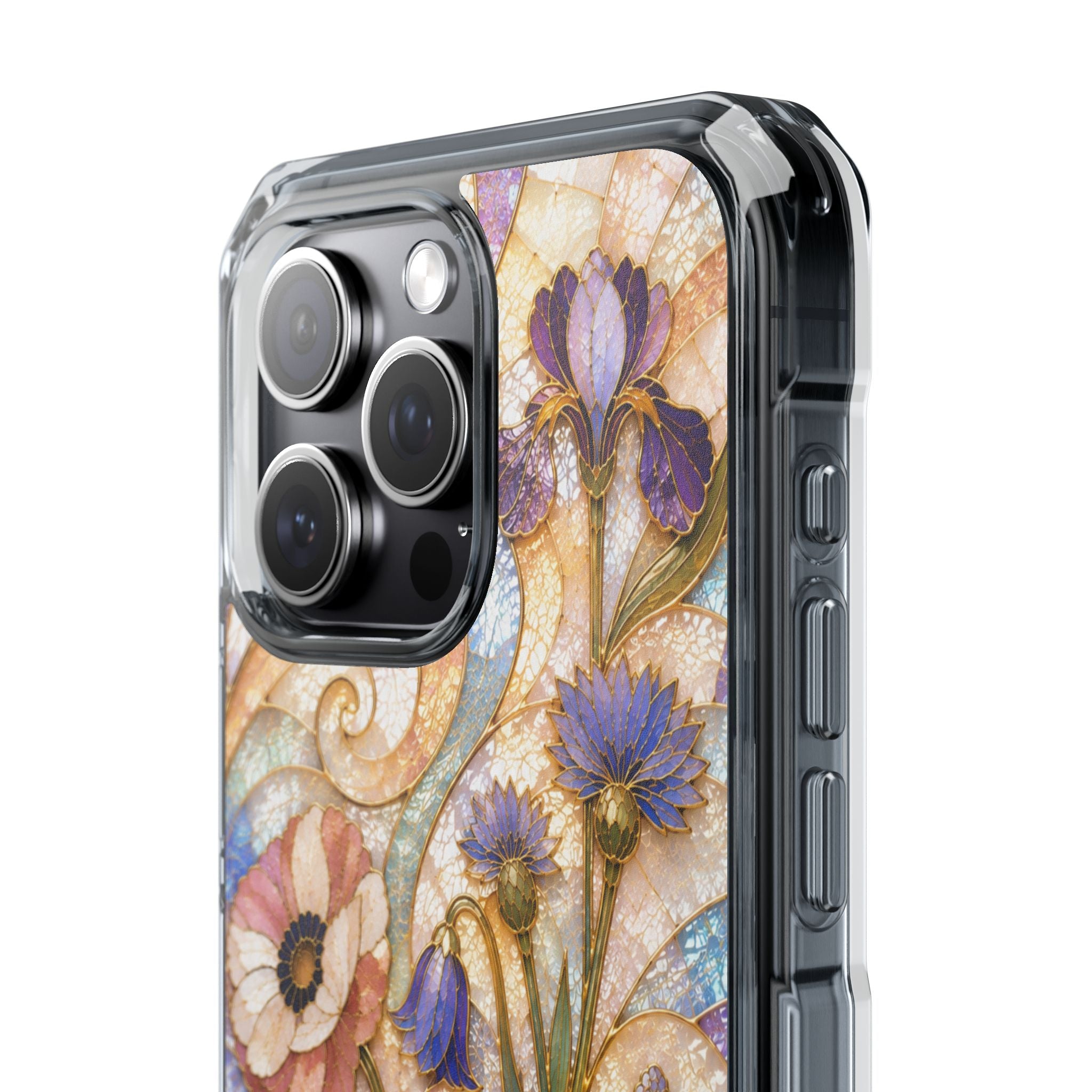 Floral Stained Glass Clear Magnetic Phone Case — Purple Wildflower Design