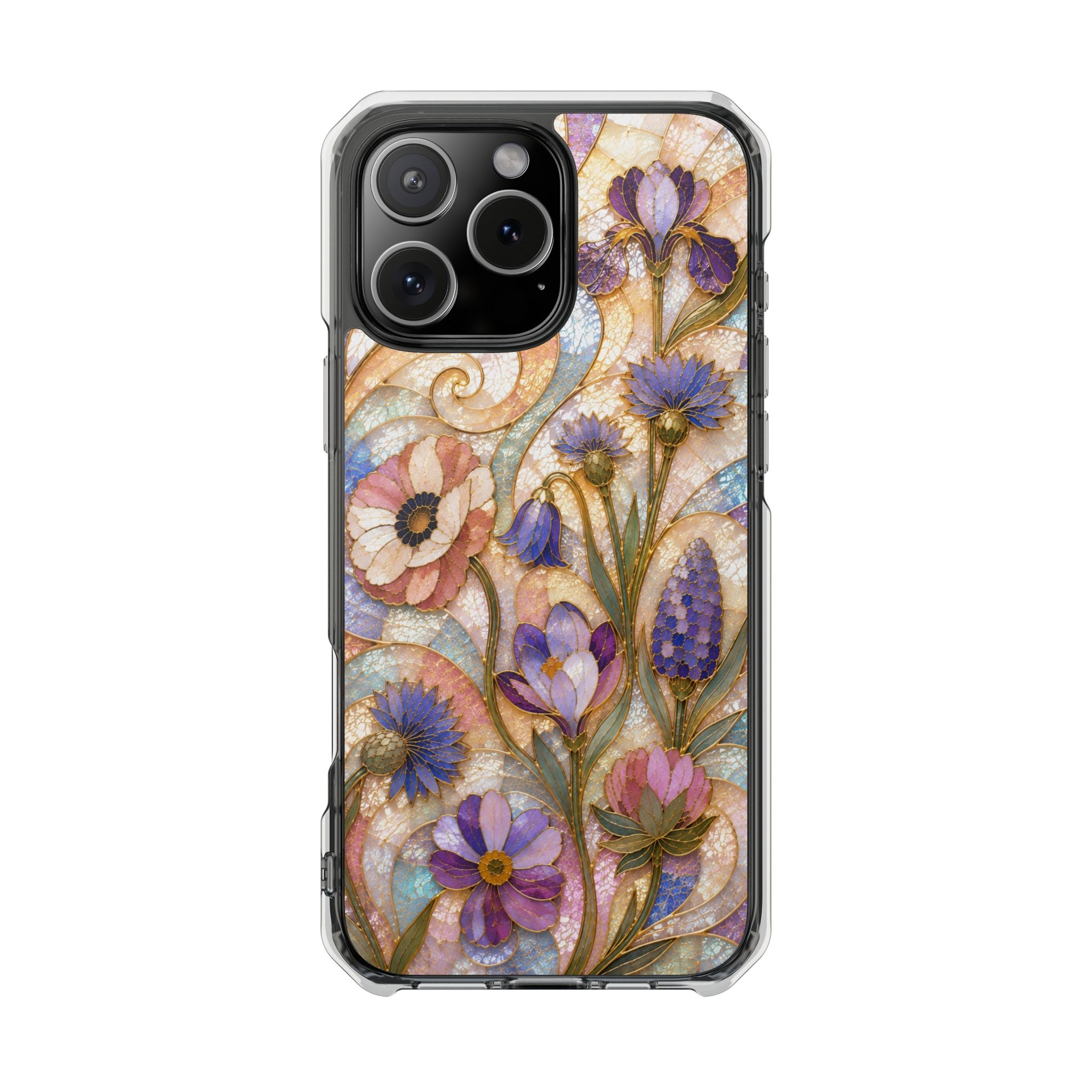 Floral Stained Glass Clear Magnetic Phone Case — Purple Wildflower Design