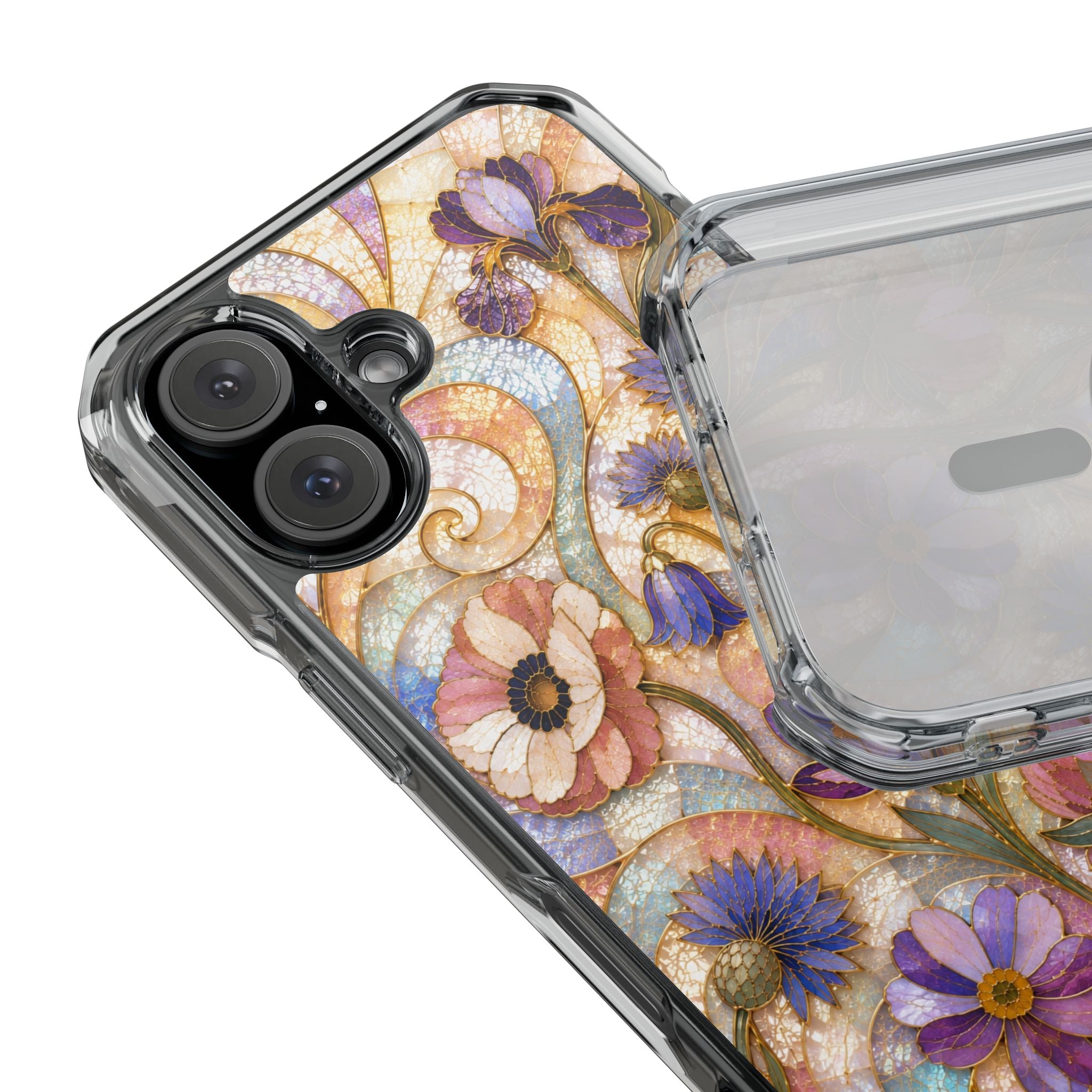 Floral Stained Glass Clear Magnetic Phone Case — Purple Wildflower Design