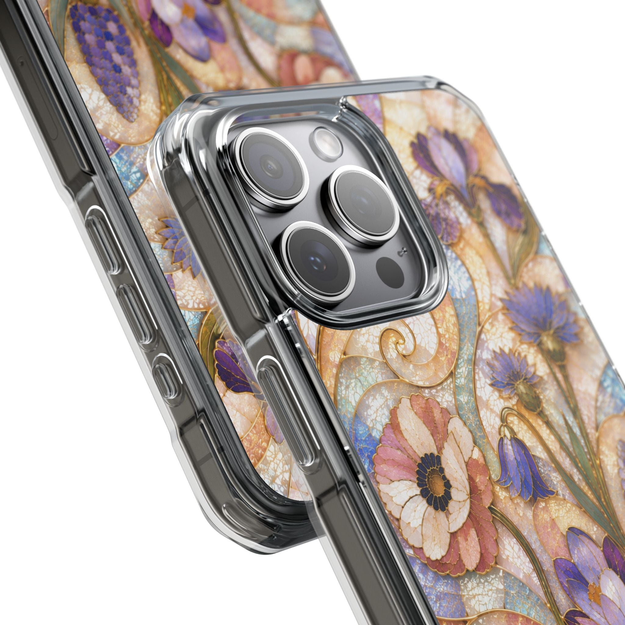 Floral Stained Glass Clear Magnetic Phone Case — Purple Wildflower Design