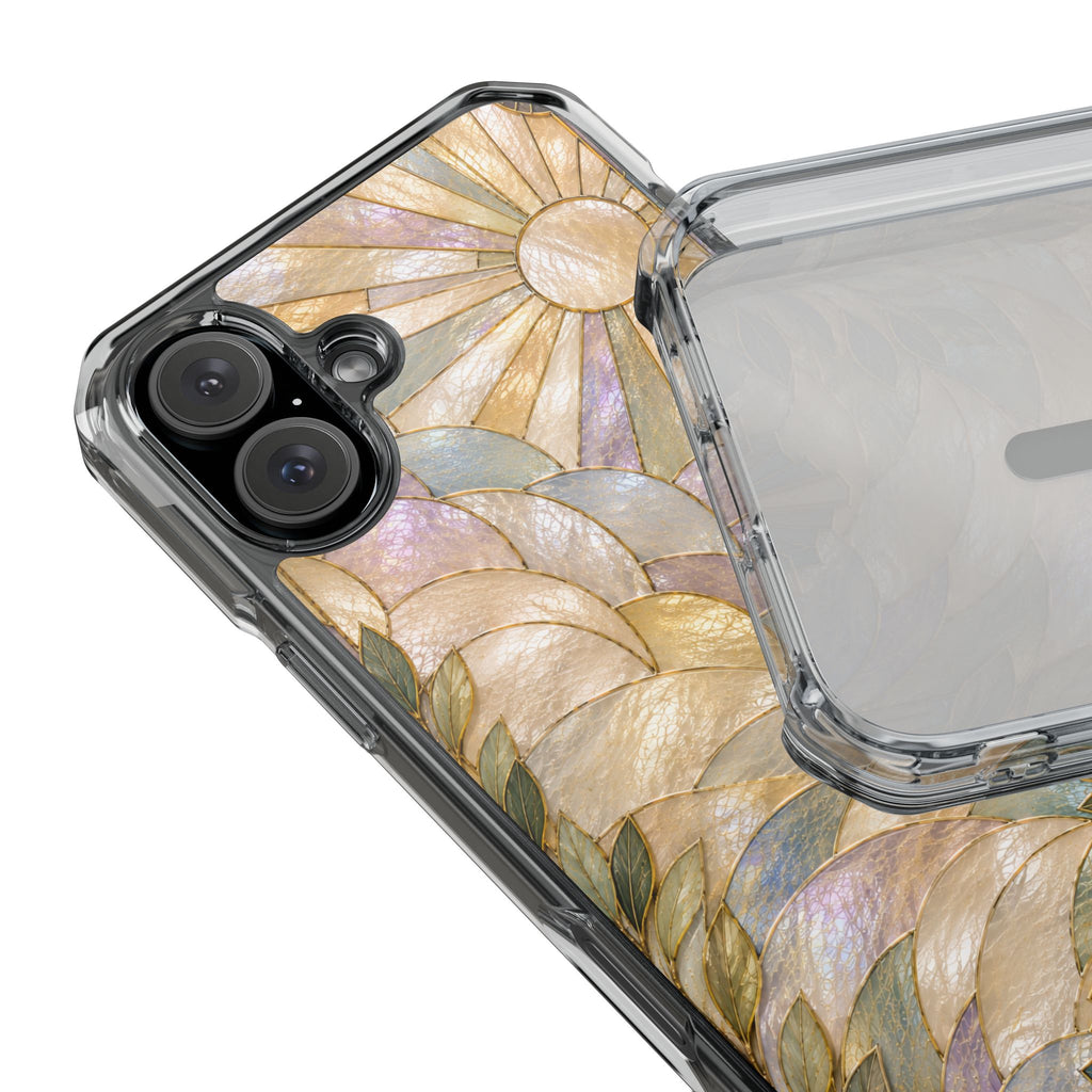 Clear MagSafe Phone Case — Pastel Stained-Glass Sun & Leaves