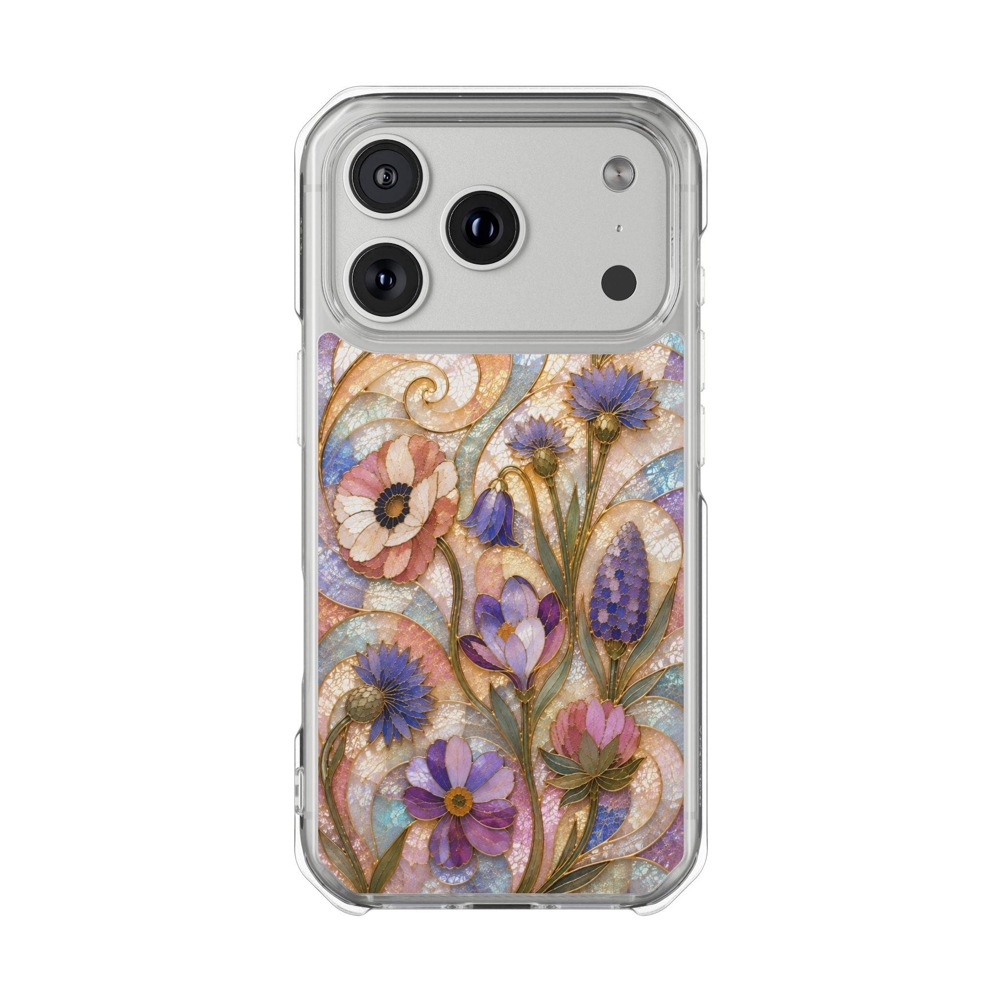 Floral Stained Glass Clear Magnetic Phone Case — Purple Wildflower Design