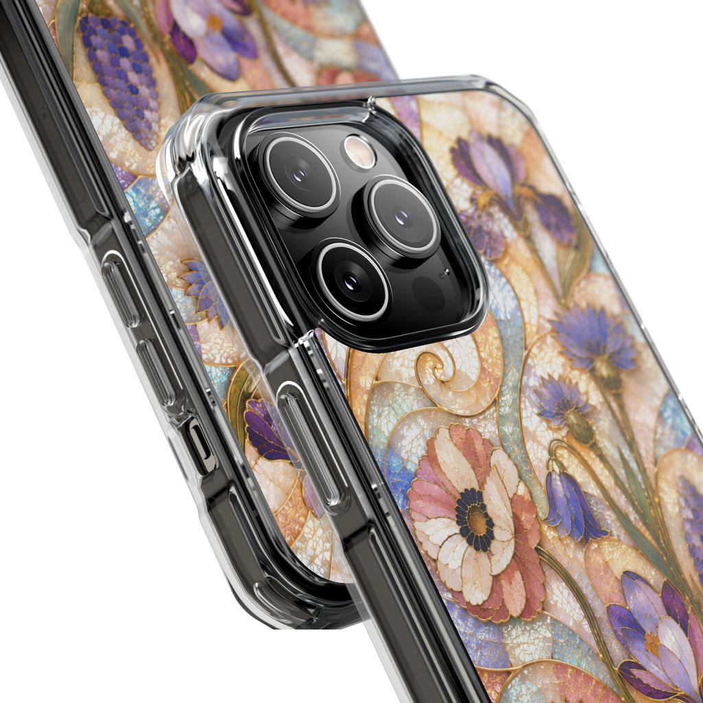 Floral Stained Glass Clear Magnetic Phone Case — Purple Wildflower Design