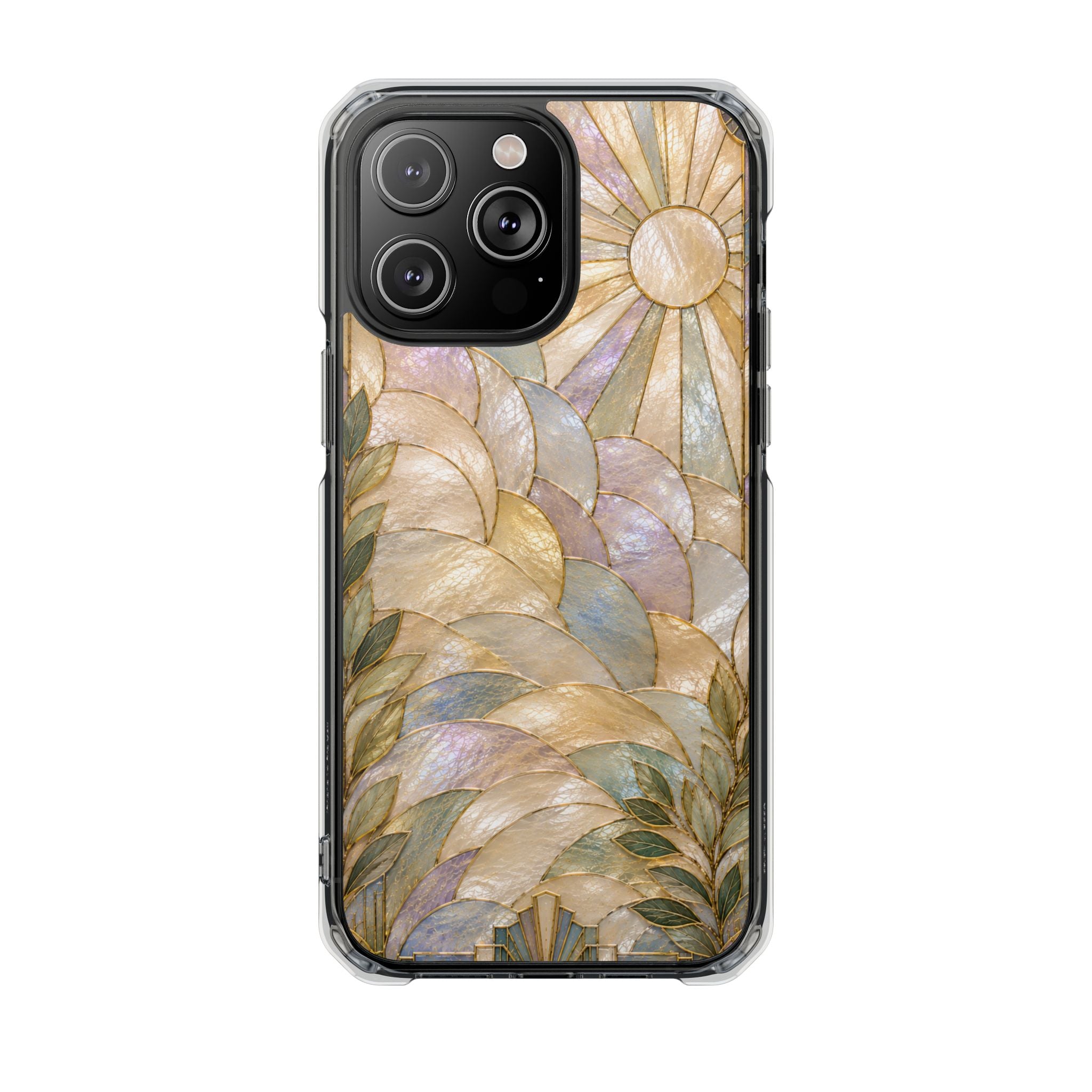 Clear MagSafe Phone Case — Pastel Stained-Glass Sun & Leaves