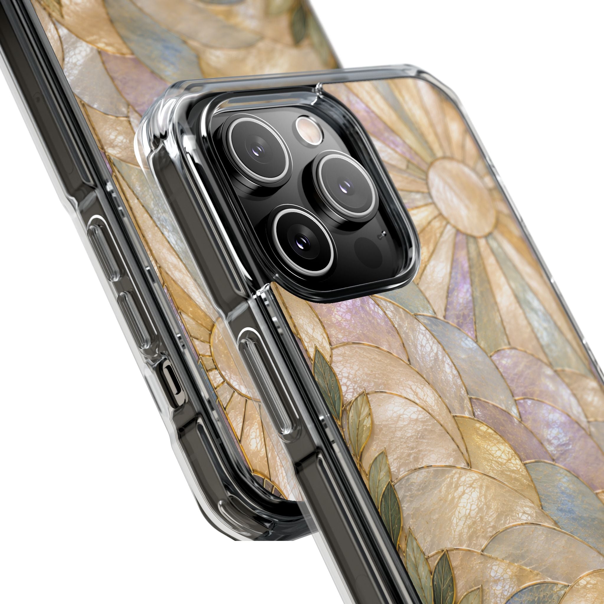 Clear MagSafe Phone Case — Pastel Stained-Glass Sun & Leaves