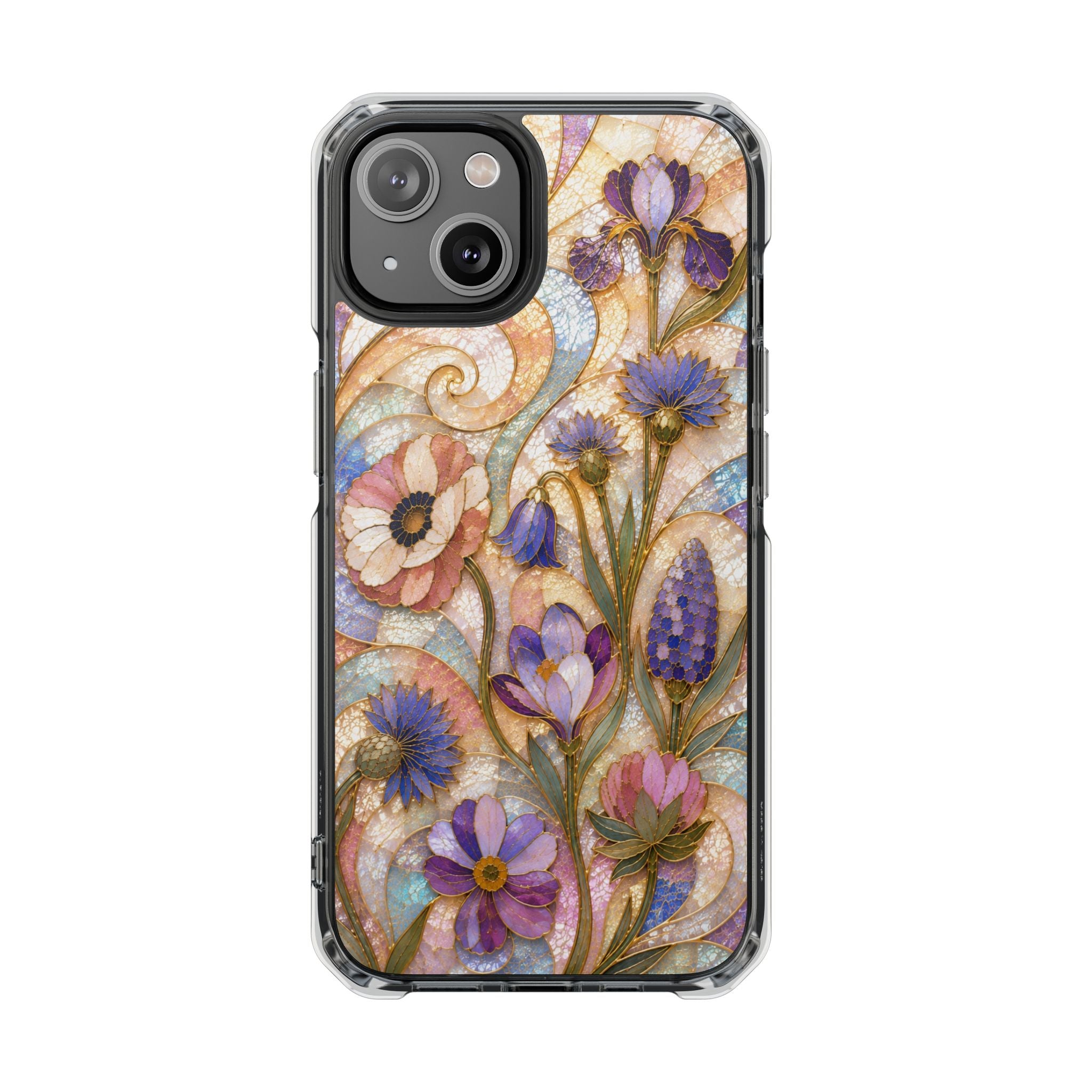 Floral Stained Glass Clear Magnetic Phone Case — Purple Wildflower Design