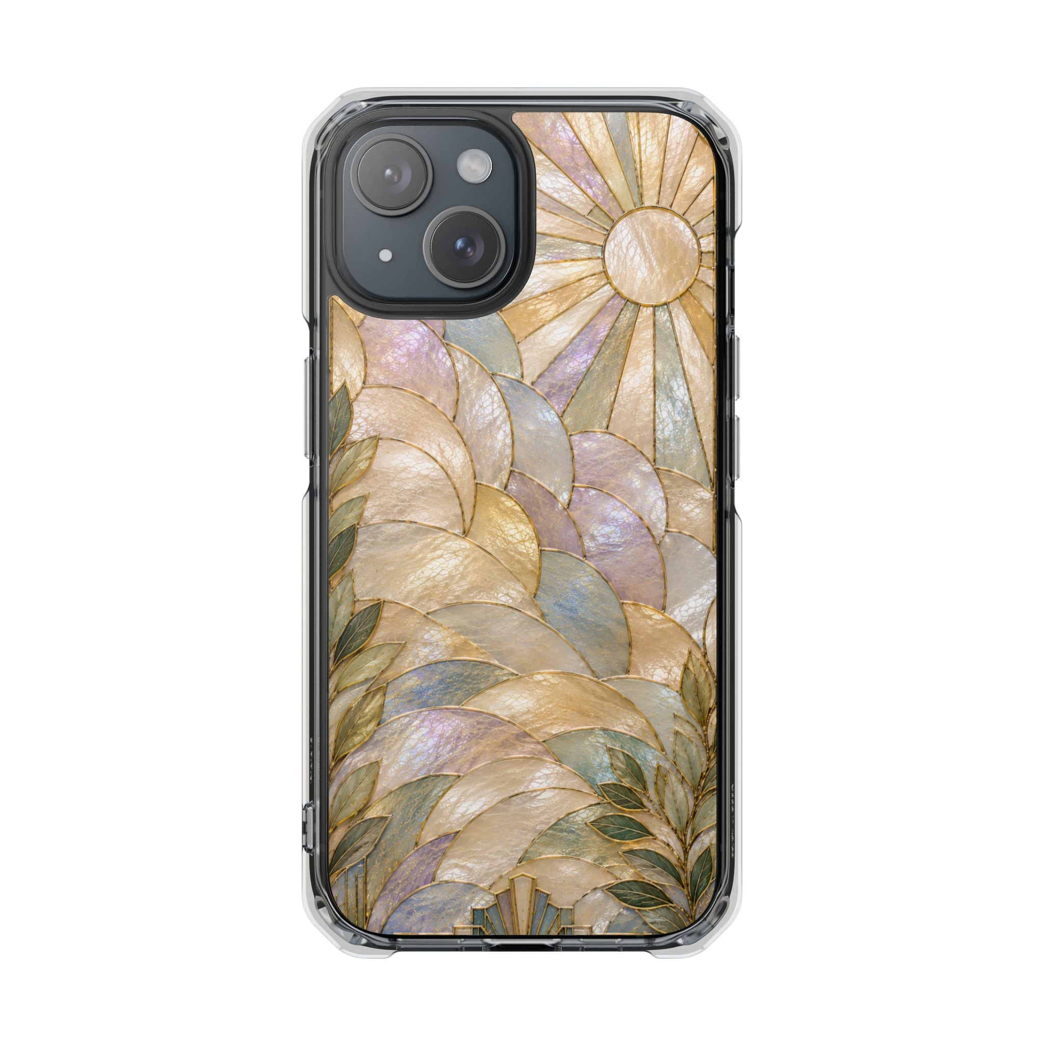 Clear MagSafe Phone Case — Pastel Stained-Glass Sun & Leaves