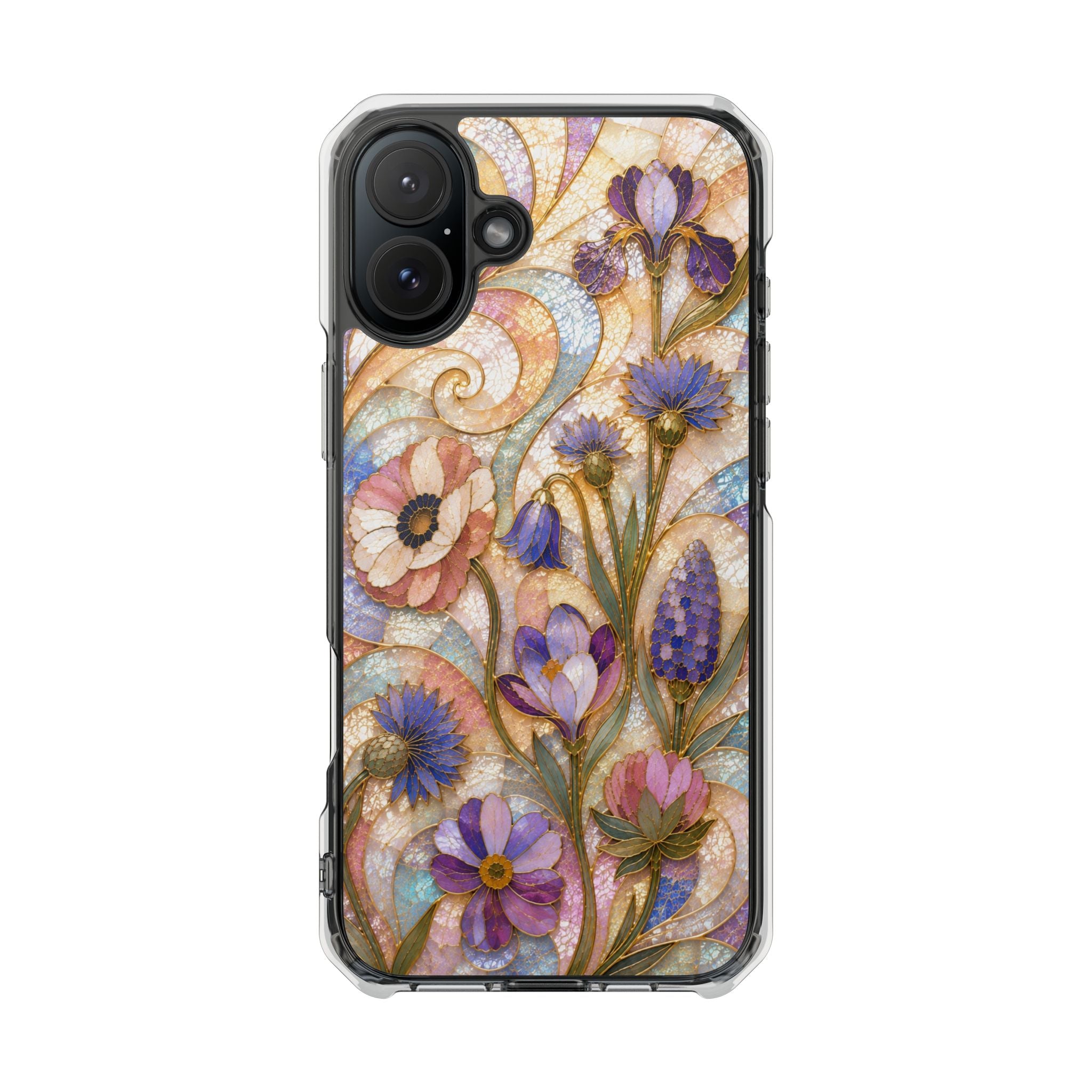 Floral Stained Glass Clear Magnetic Phone Case — Purple Wildflower Design