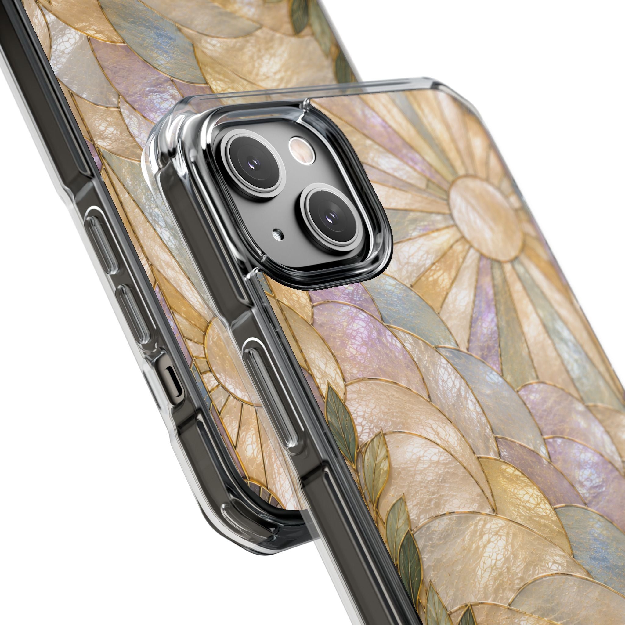 Clear MagSafe Phone Case — Pastel Stained-Glass Sun & Leaves