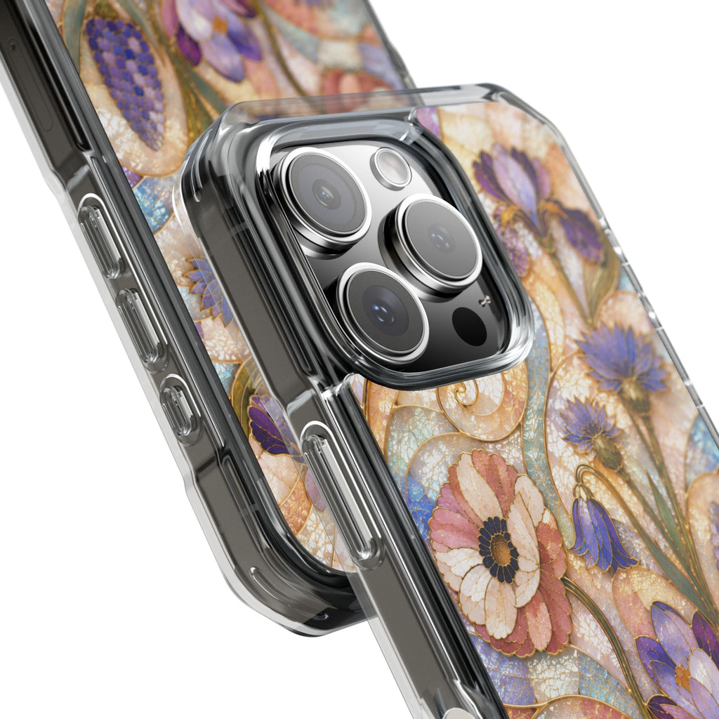 Floral Stained Glass Clear Magnetic Phone Case — Purple Wildflower Design