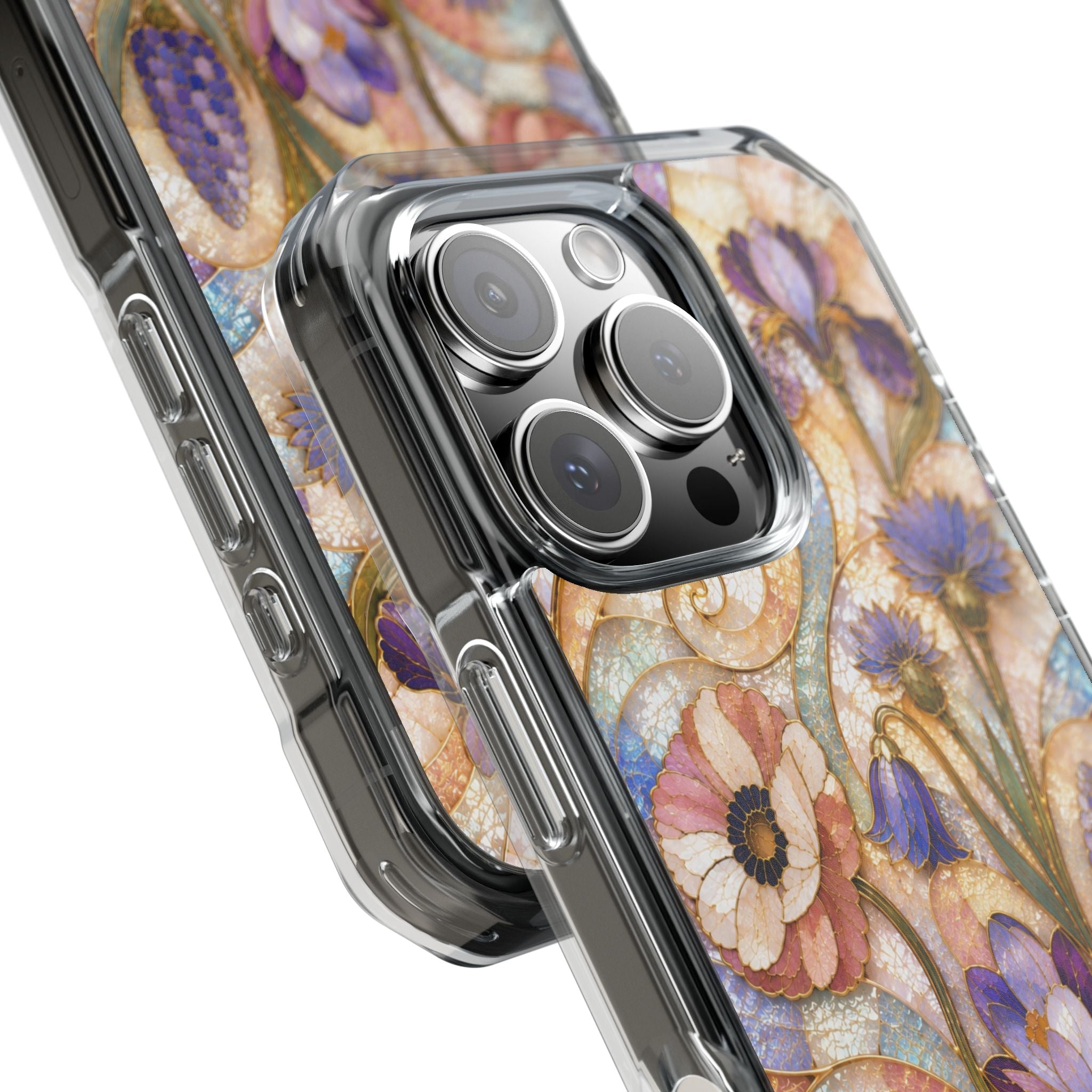 Floral Stained Glass Clear Magnetic Phone Case — Purple Wildflower Design