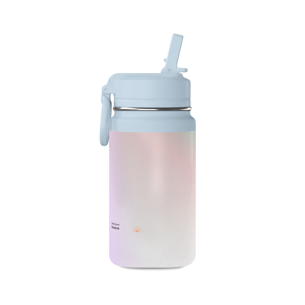 Fully Known Psalm 139 Water Bottle with Straw, 14 oz Pink Blue Ombre Reusable Bottle, Faith Gift for Girls
