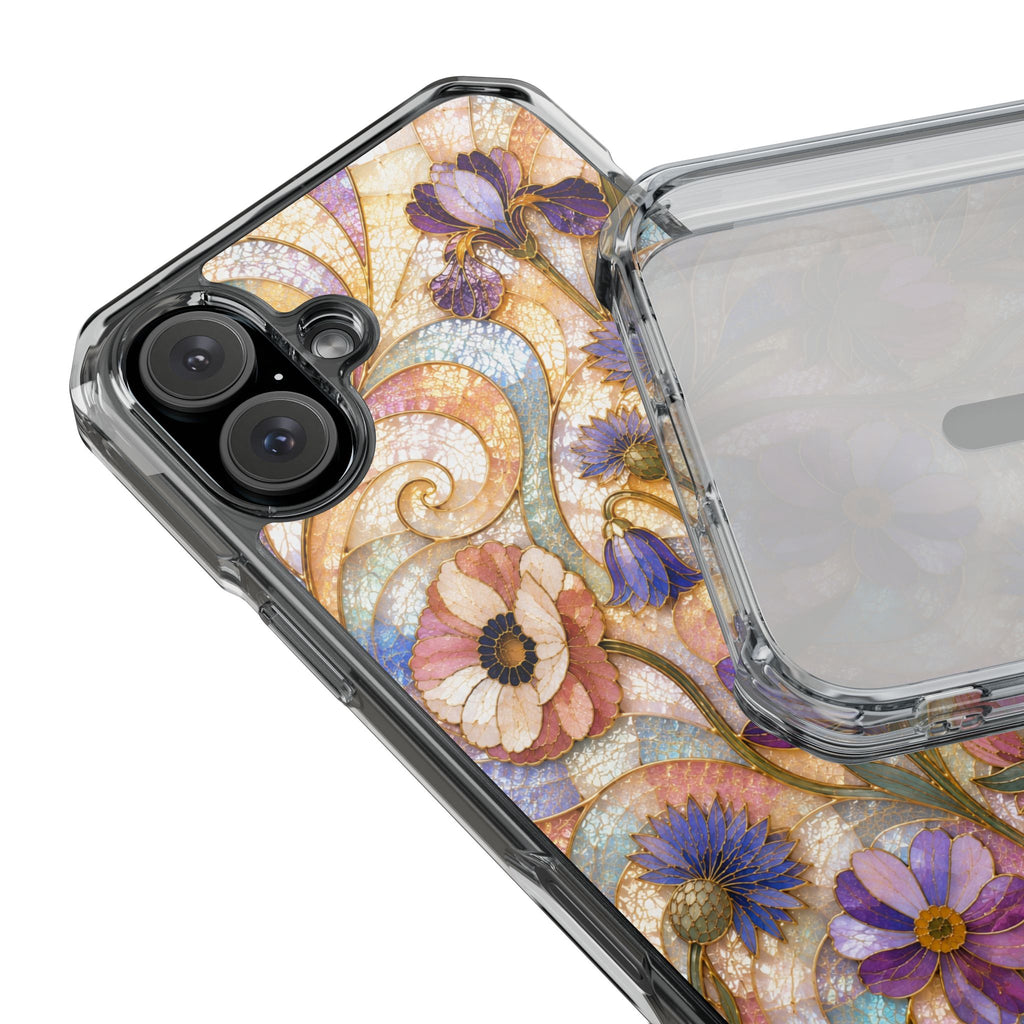 Floral Stained Glass Clear Magnetic Phone Case — Purple Wildflower Design