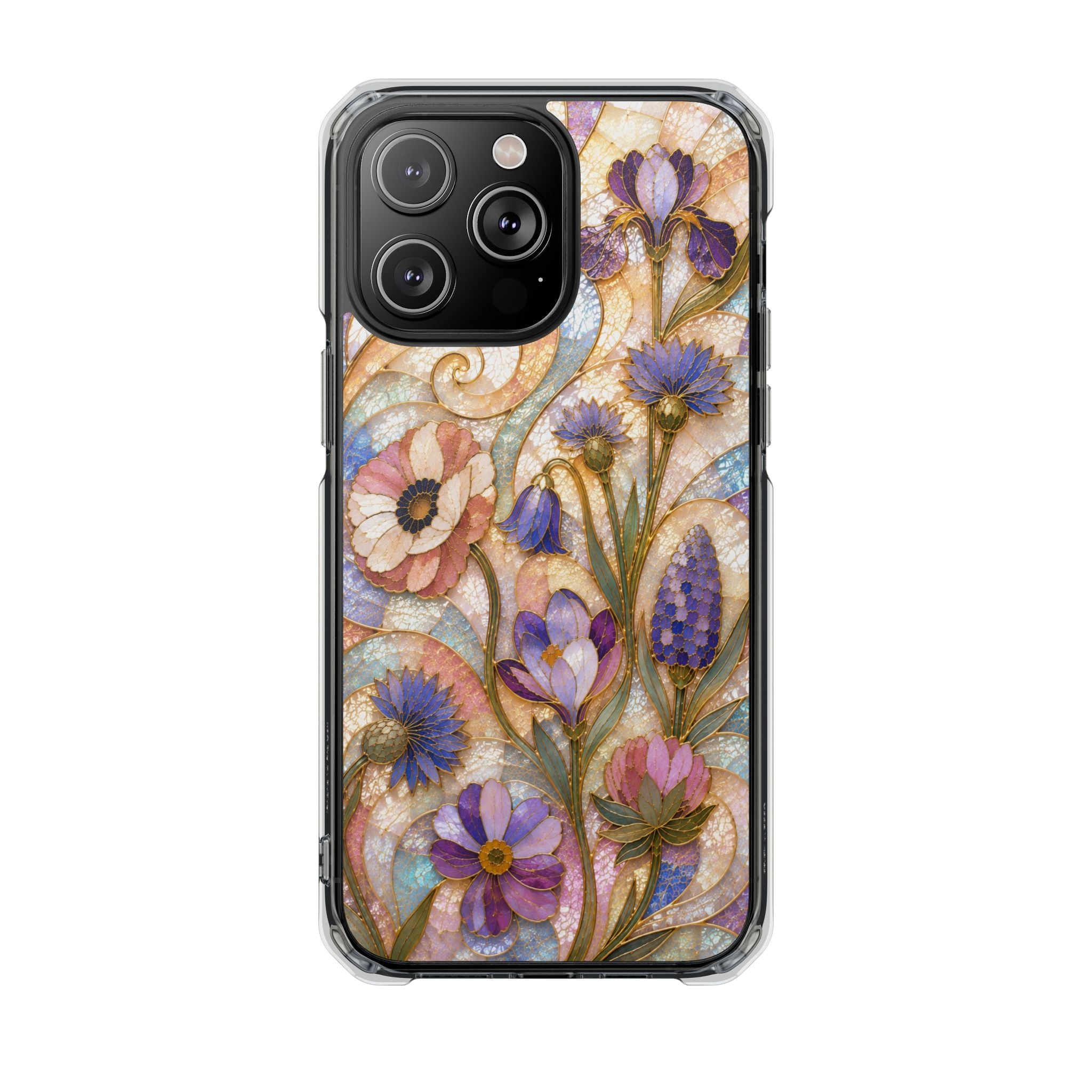 Floral Stained Glass Clear Magnetic Phone Case — Purple Wildflower Design
