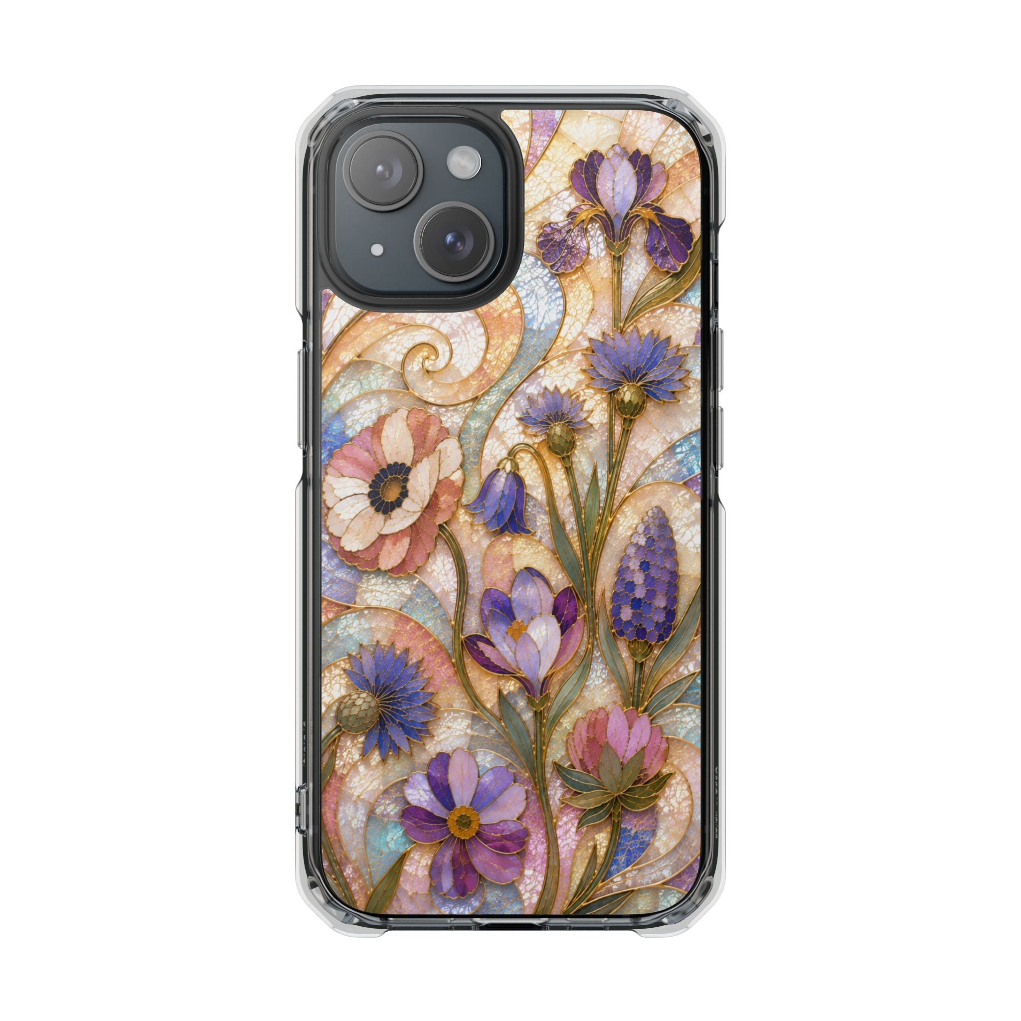 Floral Stained Glass Clear Magnetic Phone Case — Purple Wildflower Design