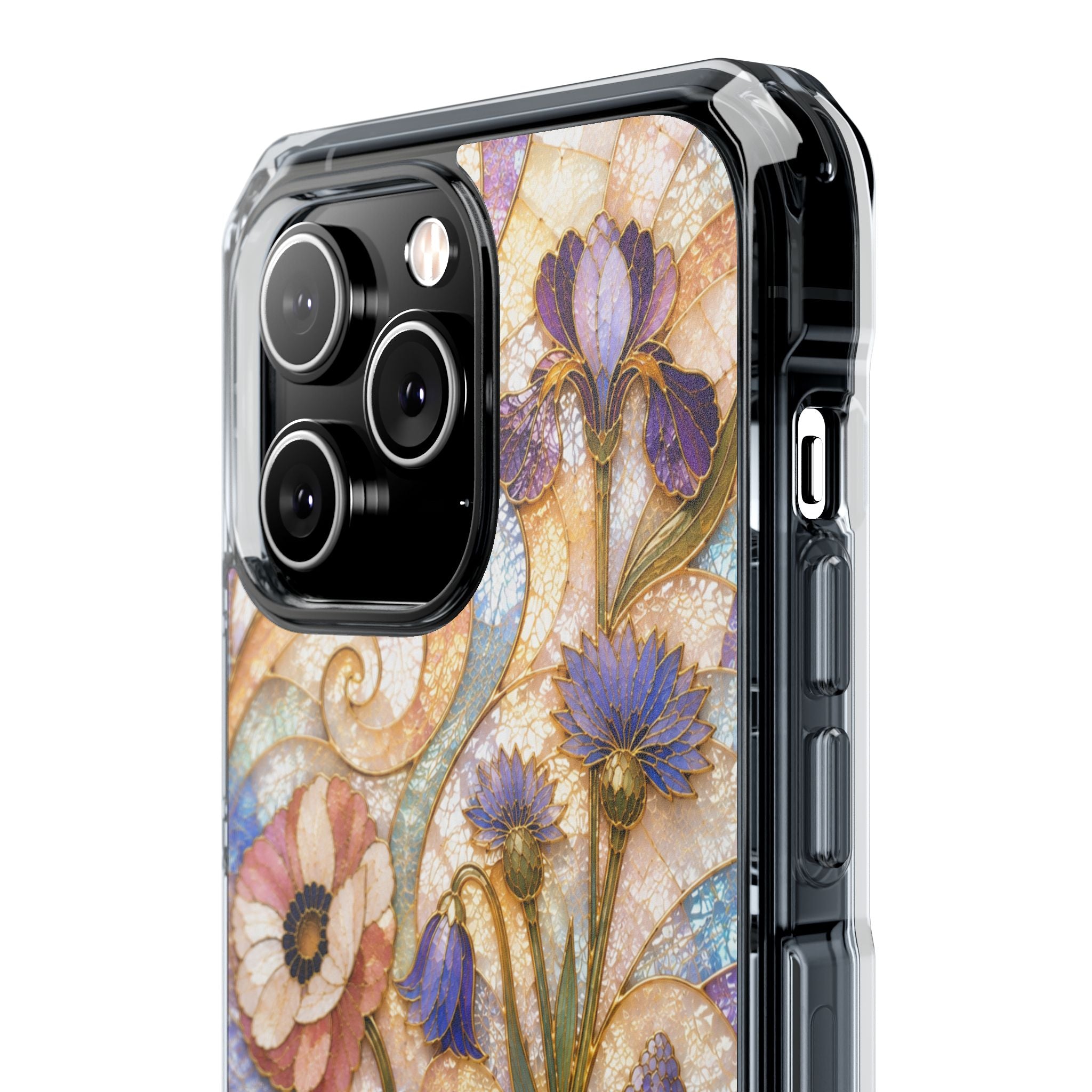 Floral Stained Glass Clear Magnetic Phone Case — Purple Wildflower Design