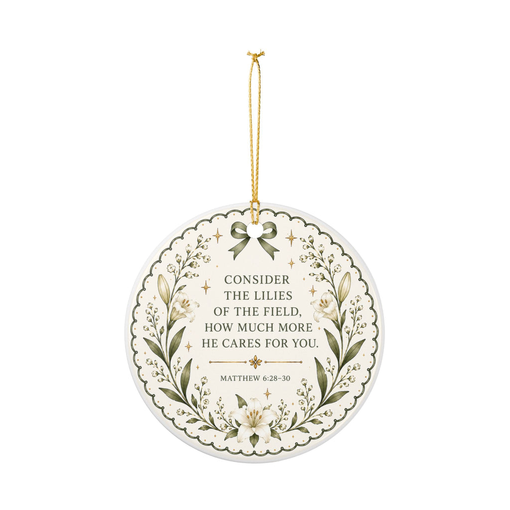 Consider the Lilies Ornament — Christian Floral Christmas Ornament, Matthew 6