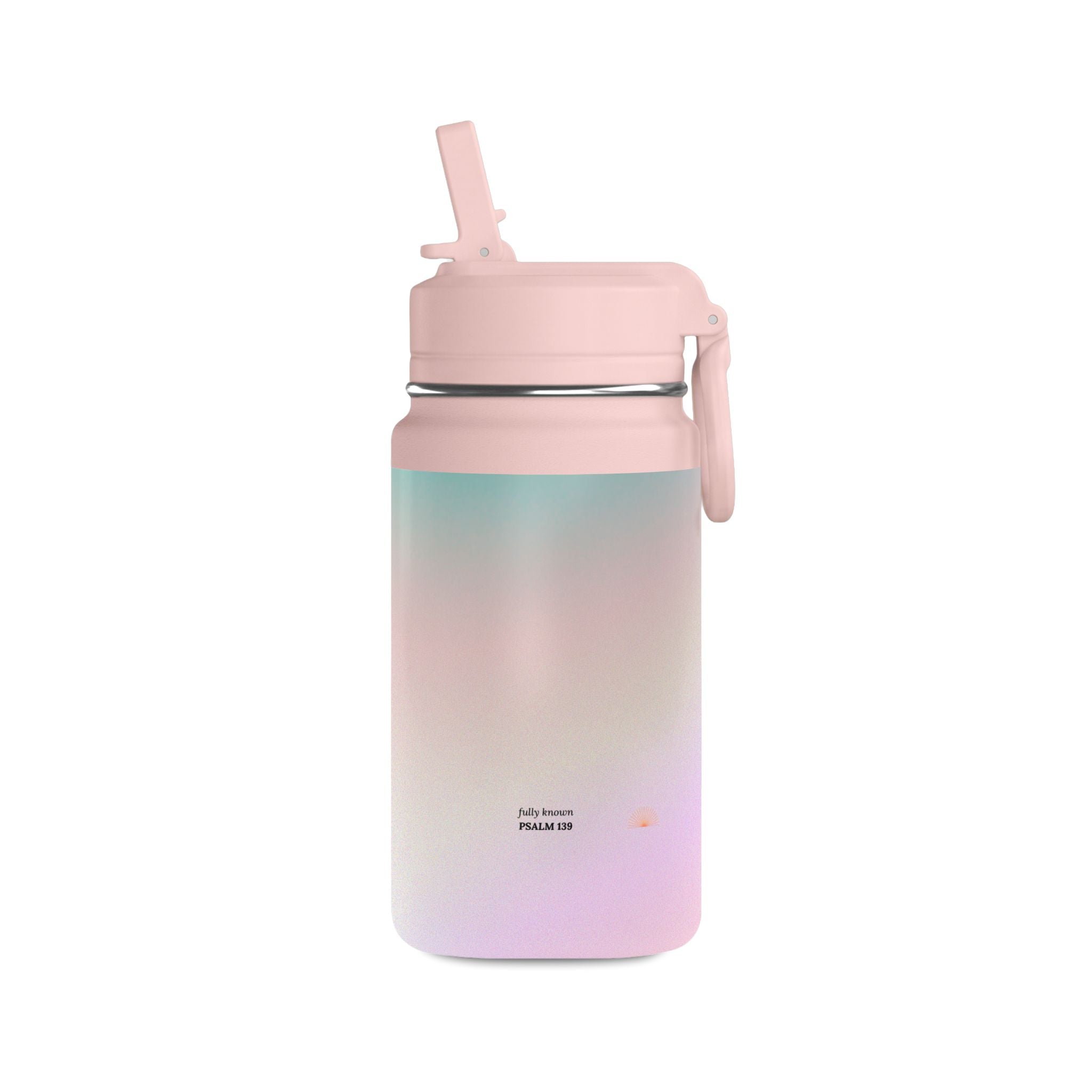 Fully Known Psalm 139 Water Bottle with Straw, 14 oz Pink Blue Ombre Reusable Bottle, Faith Gift for Girls