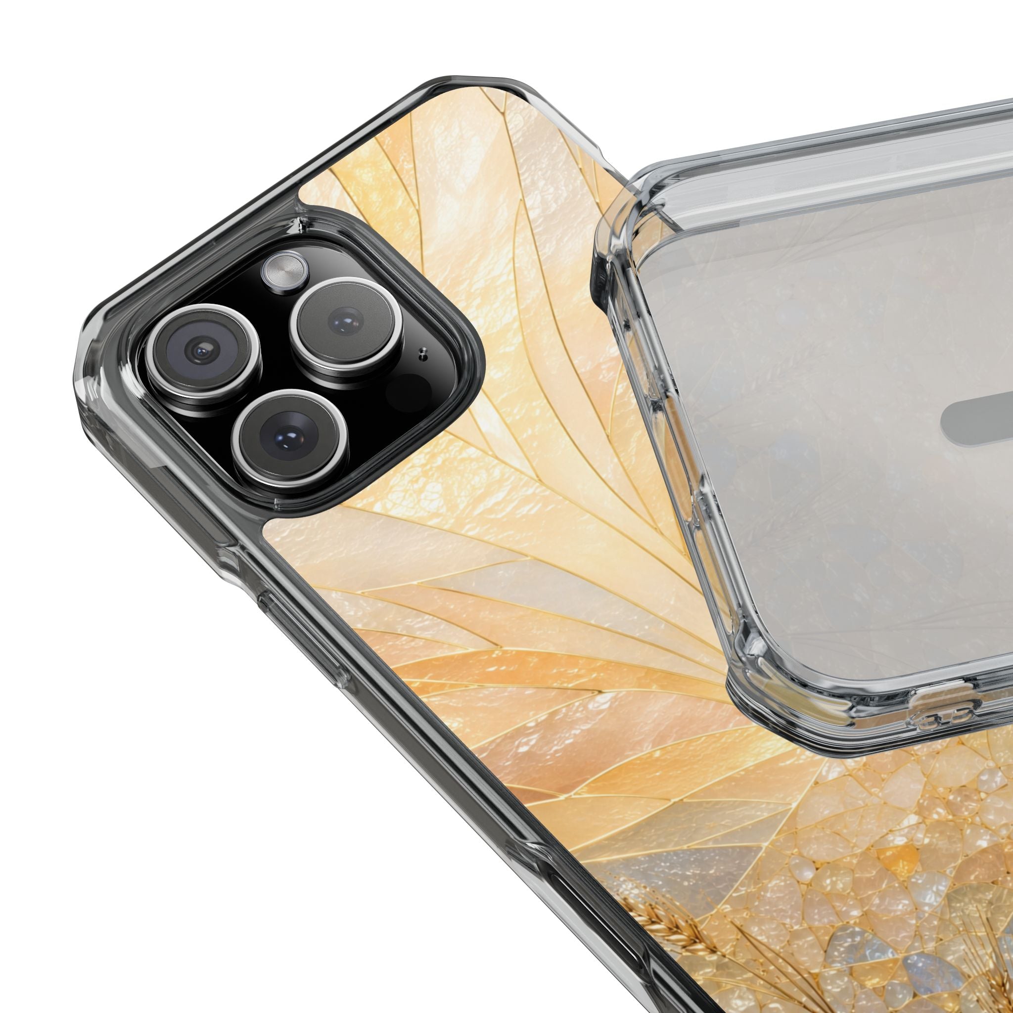 Clear Magnetic Phone Case — Golden Pearl Floral Design, Impact-Resistant iPhone Cover