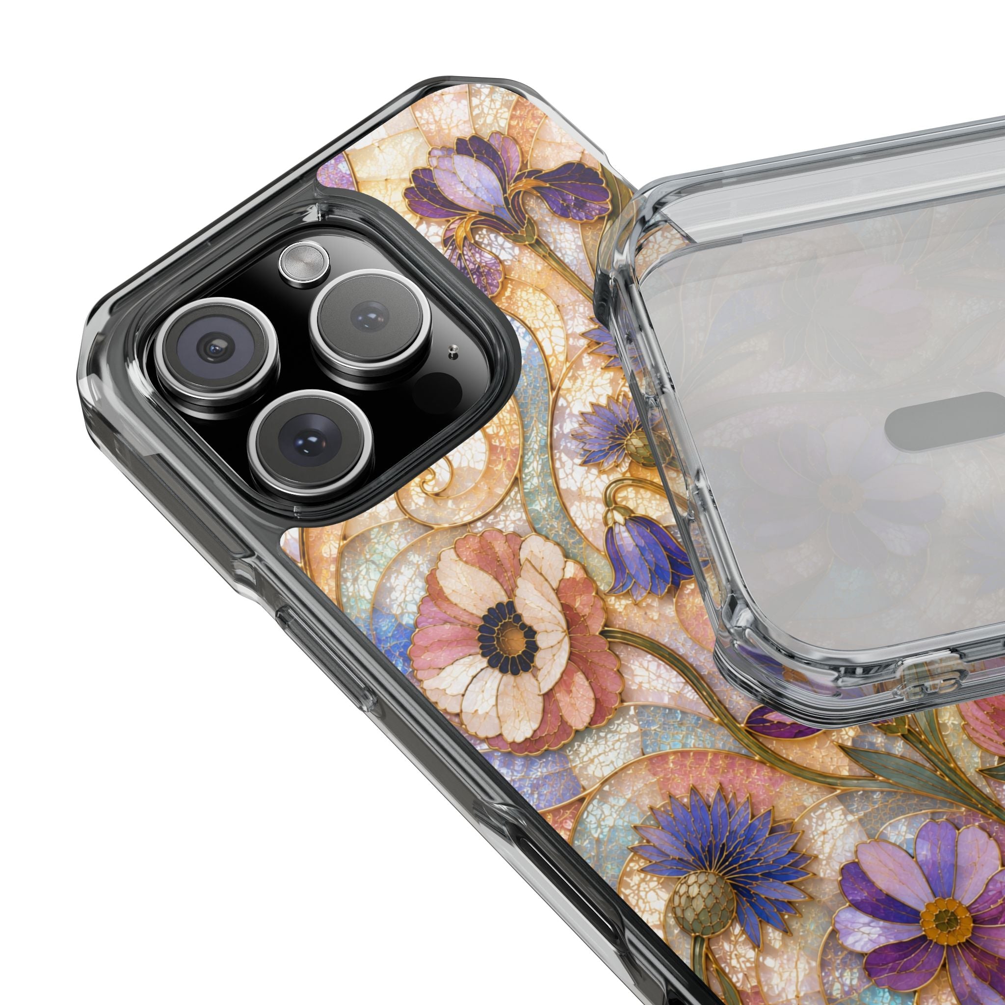 Floral Stained Glass Clear Magnetic Phone Case — Purple Wildflower Design